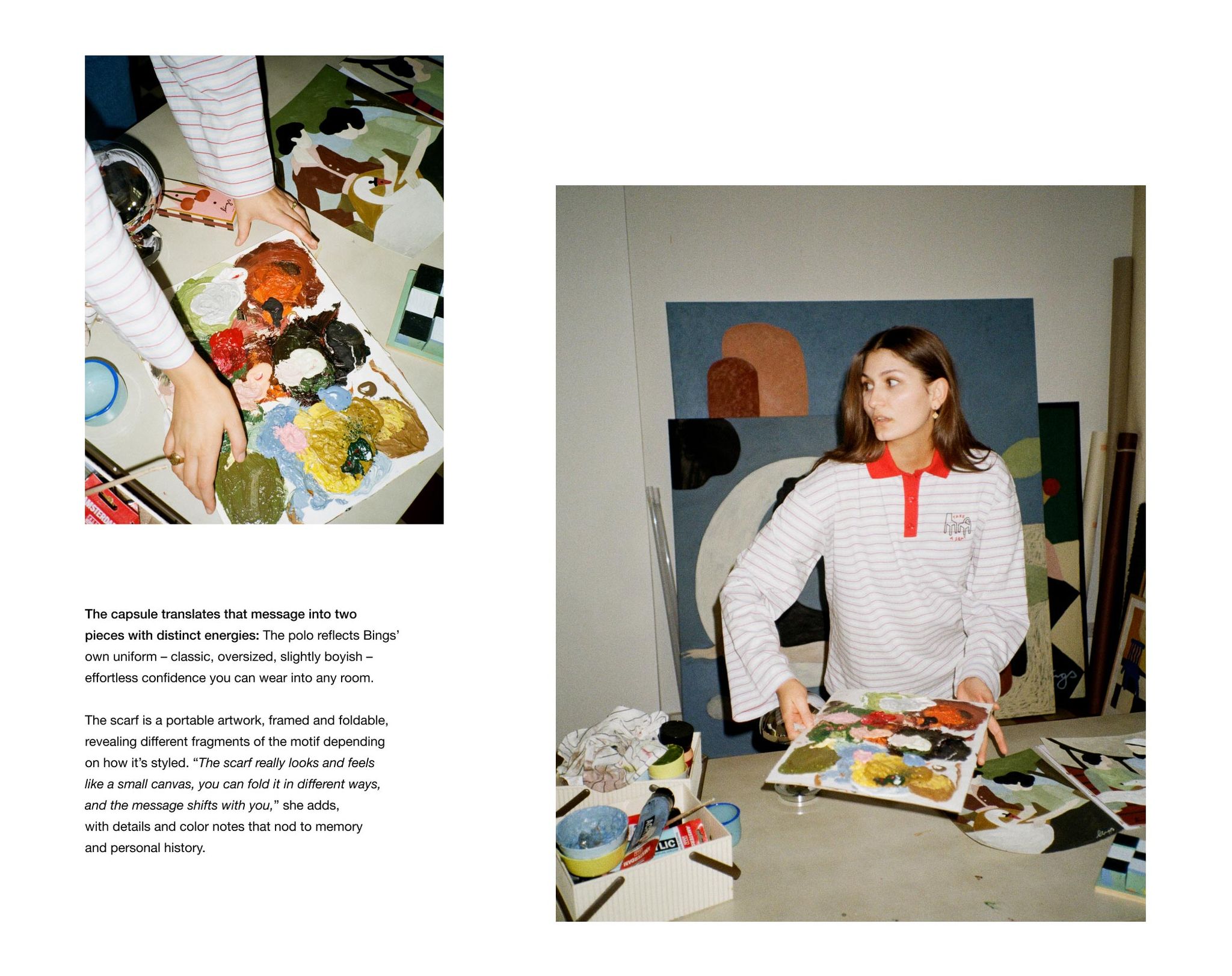 A woman in a striped shirt holding a palette and brush in an art studio with abstract paintings and text describing her artistic process.