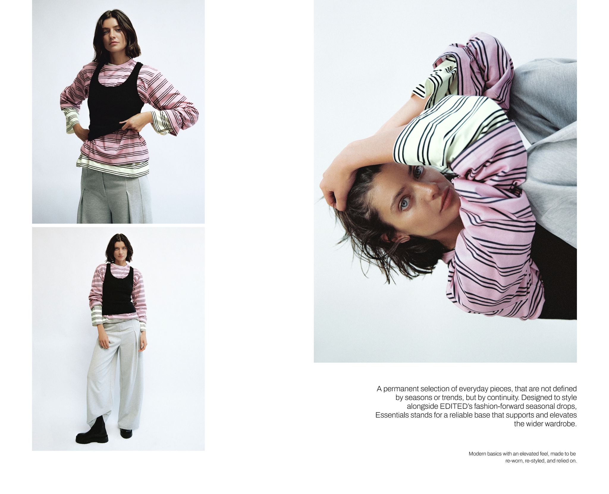 Woman in striped pink and green top layered with black vest, gray pants, and boots; posed confidently in various angles.