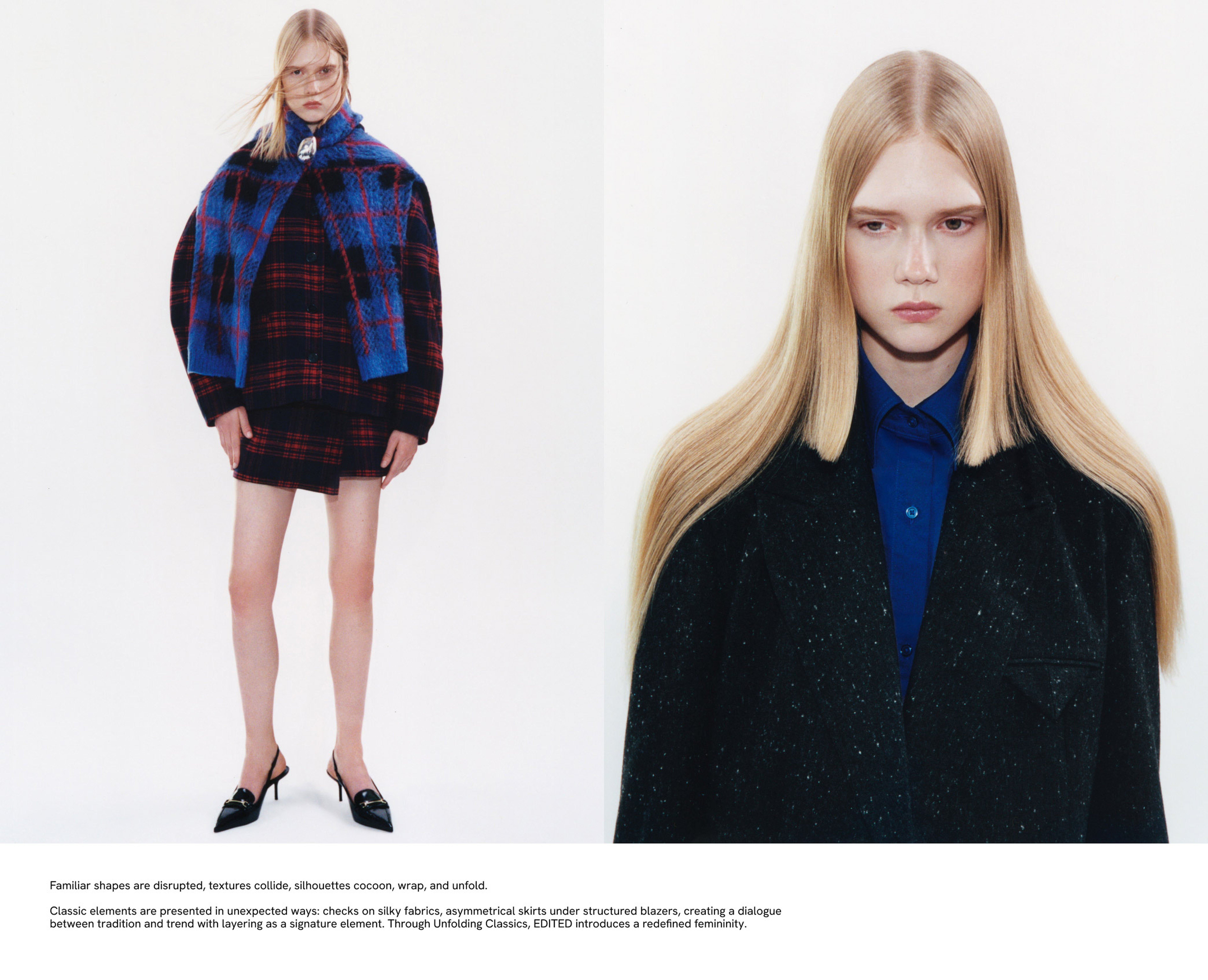 A model with long blonde hair wears a plaid jacket over a black outfit, standing against a white background, with a serious expression.