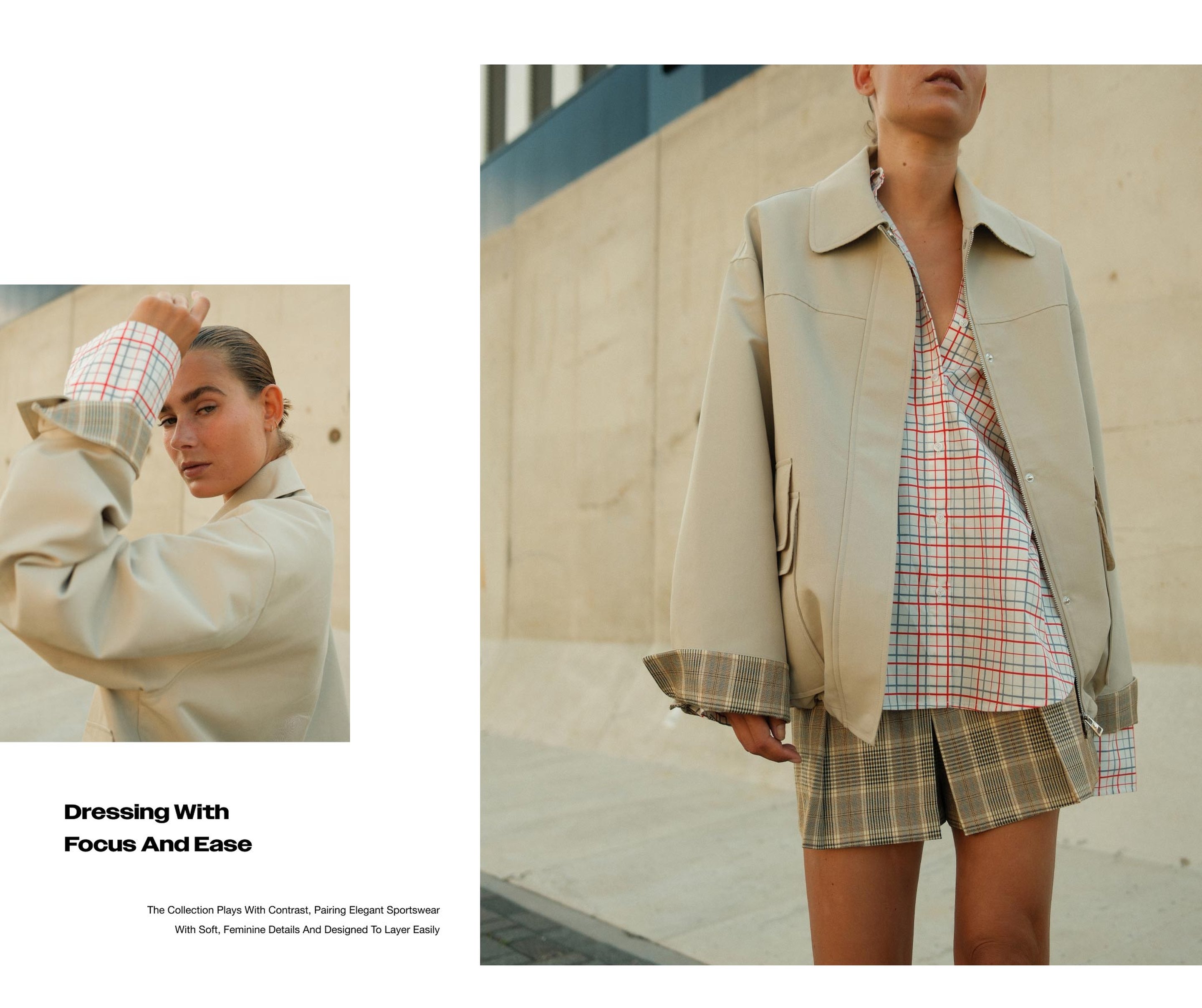 A person wearing a beige jacket, checkered shirt, and plaid shorts poses confidently outdoors with hands raised. Text: "Dressing With Focus And Ease."