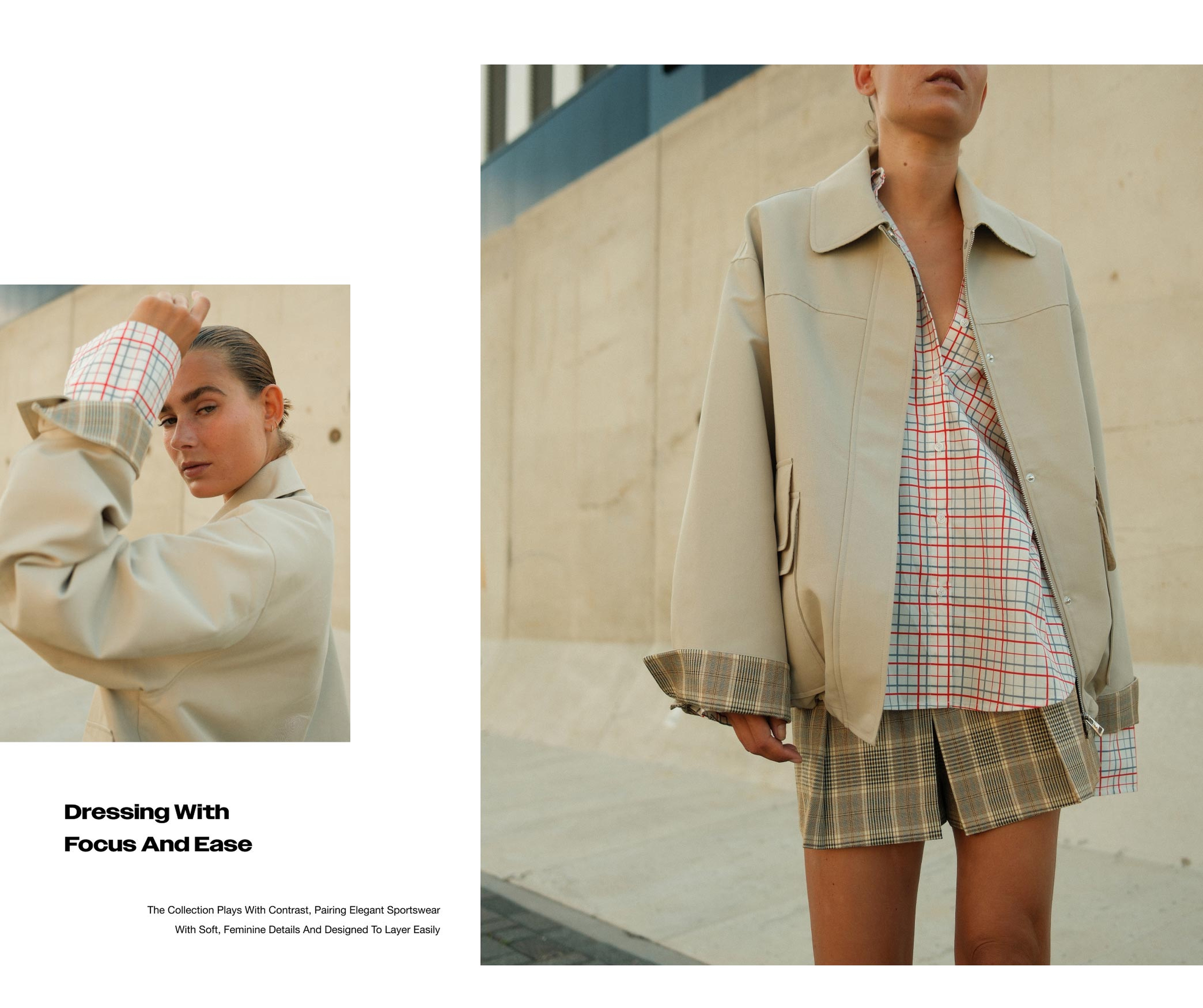 A person wearing a beige jacket, checkered shirt, and plaid shorts poses confidently outdoors with hands raised. Text: "Dressing With Focus And Ease."