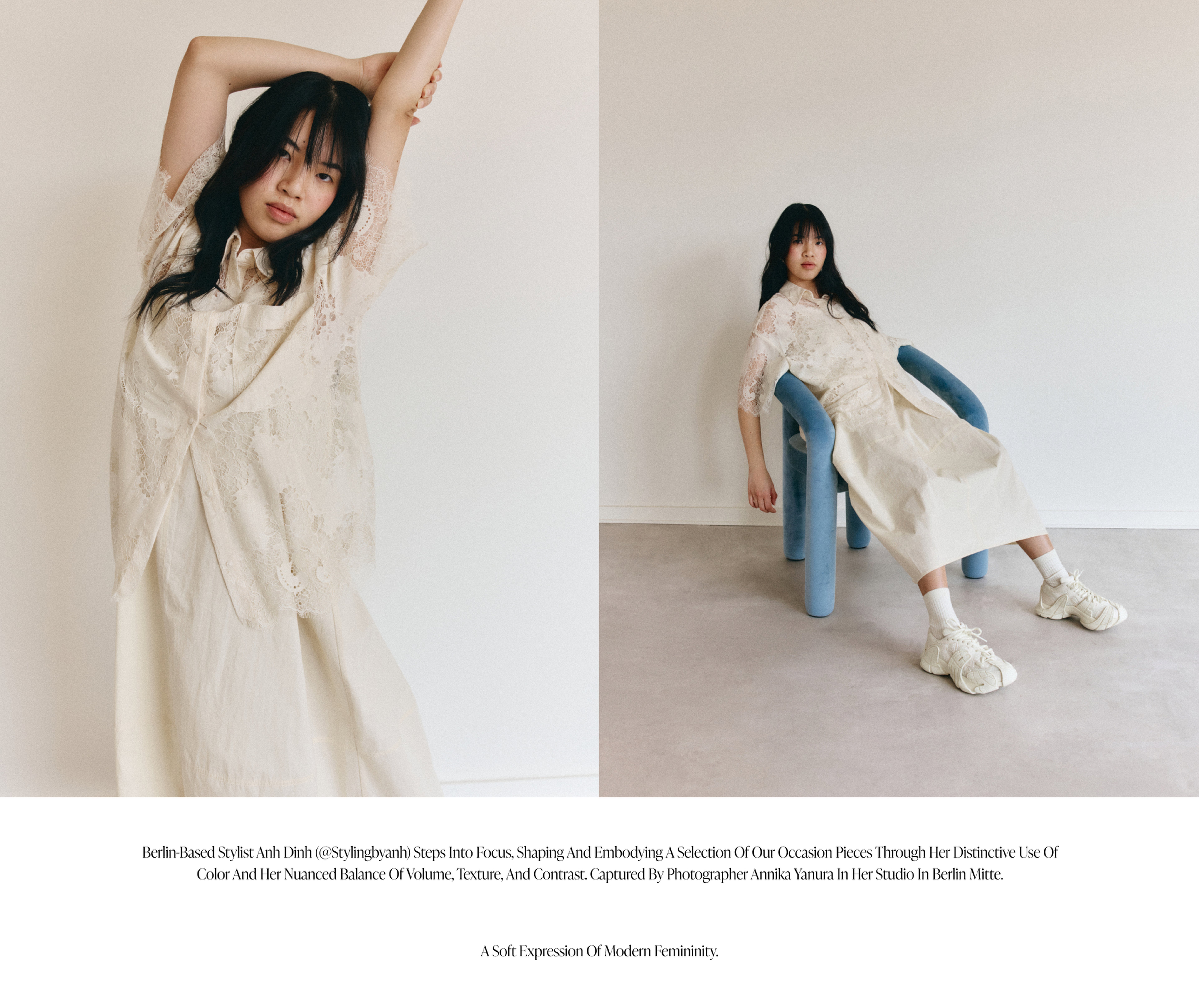 Woman in a lace dress poses with arms raised, then seated on a blue chair in a minimalist setting, embodying modern femininity.