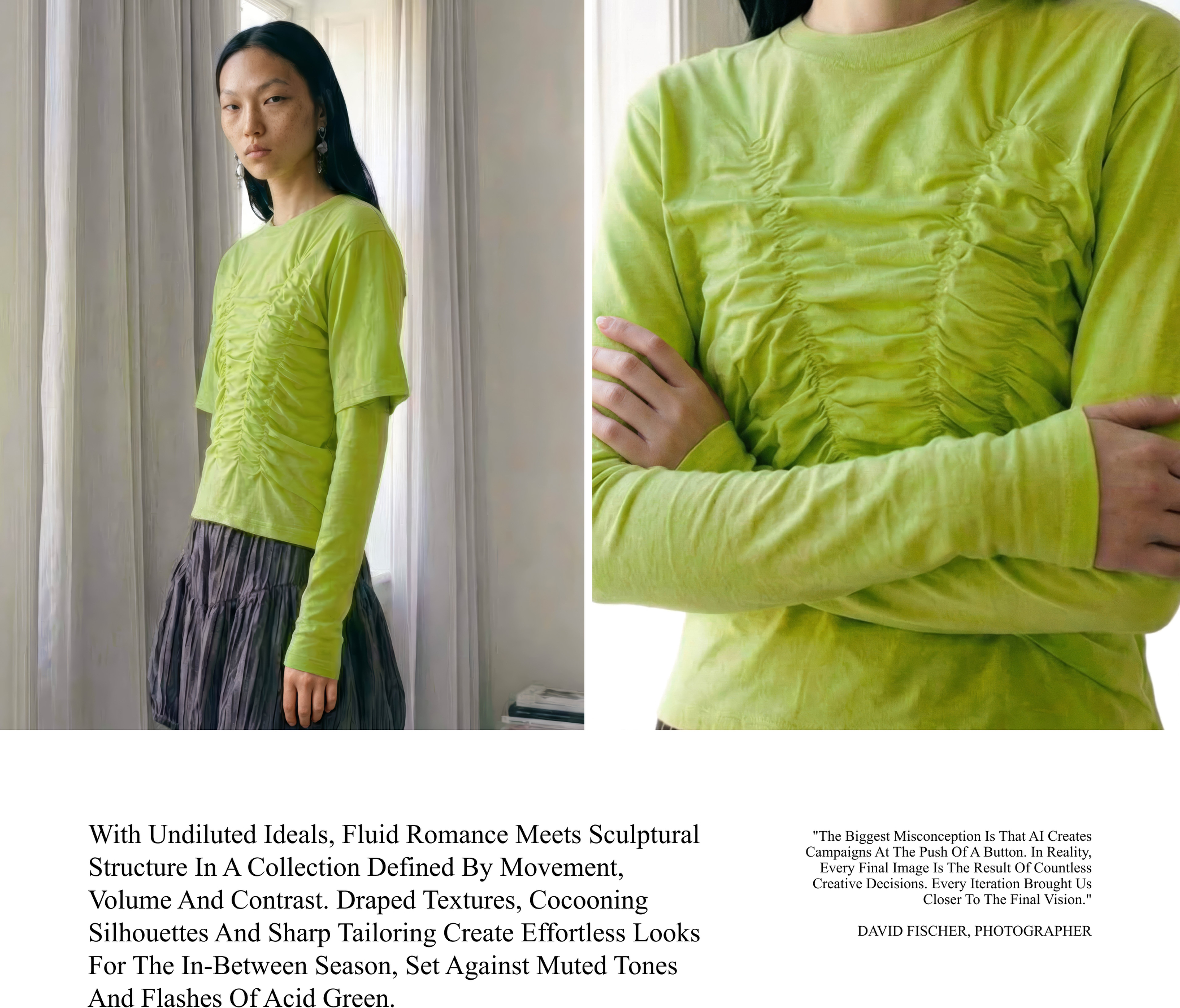 A person in a lime green ruched top and dark skirt stands by a window with crossed arms, capturing a blend of fluid romance and structural style.