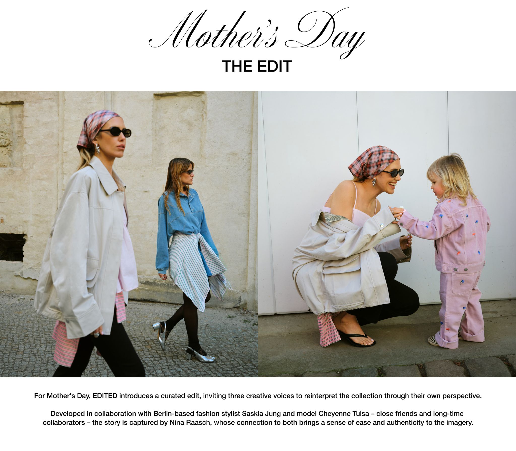 Fashionable women and a child in stylish outfits for Mother's Day Edit campaign, showcasing different creative styles.