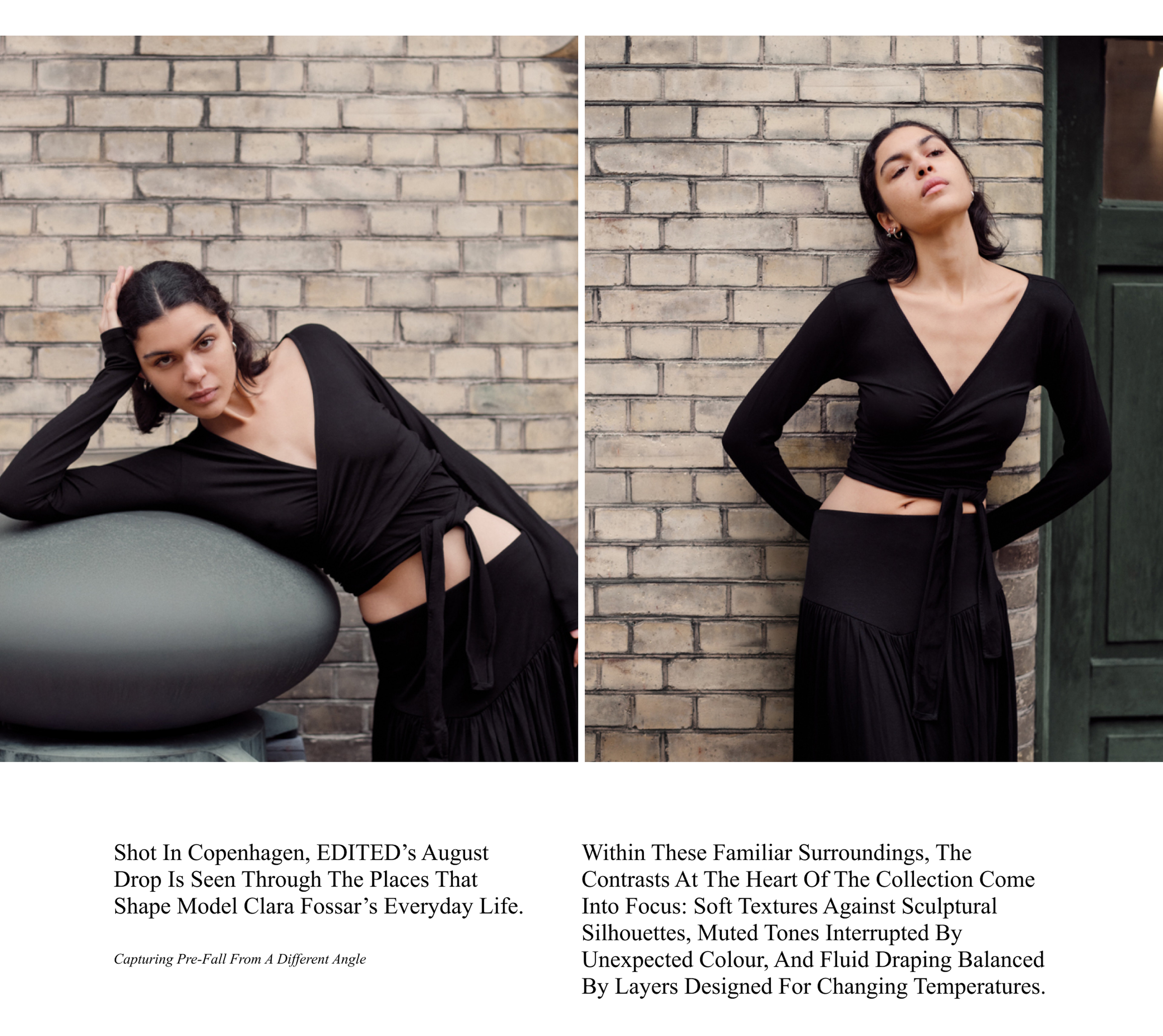 A woman in a black wrap top poses against a brick wall, with her left arm resting on a green object in the first image.