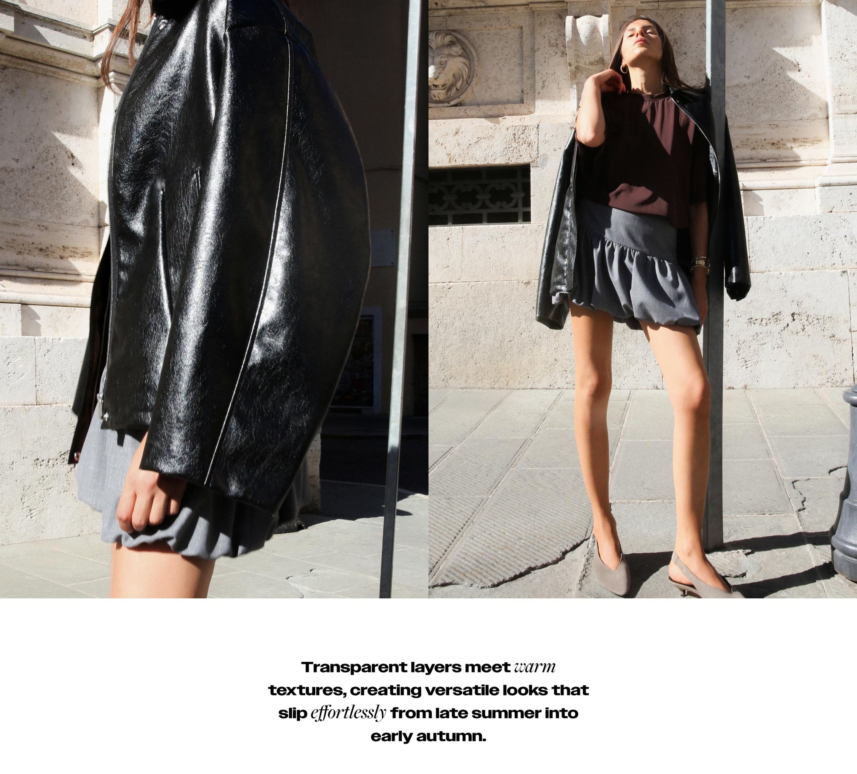 Woman in a black leather jacket and gray skirt stands confidently in sunlight. Text below describes versatile fashion for late summer to early autumn.