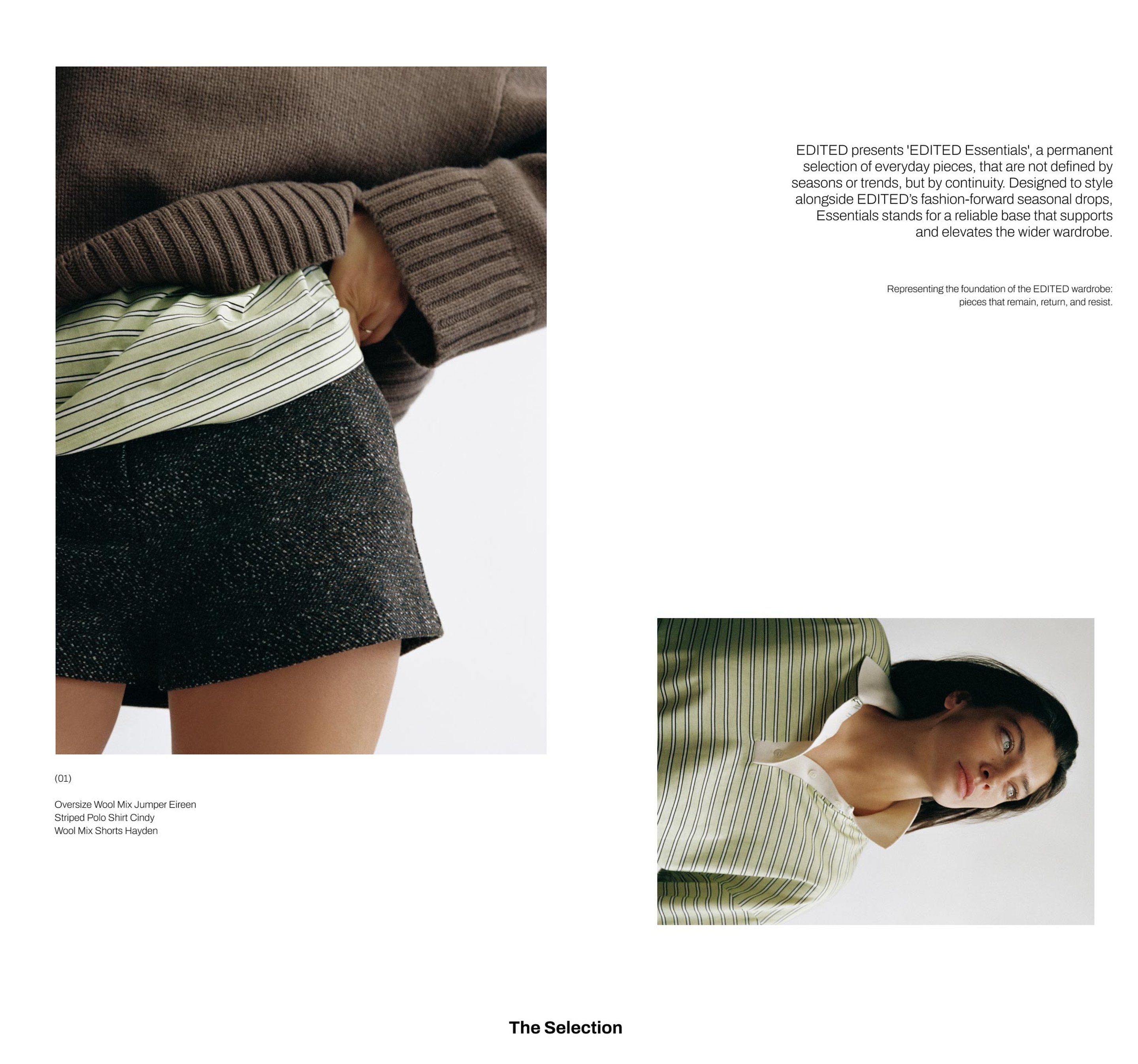 Model in a striped green top and black textured shorts. Close-up of top in corner. Text highlights the EDITED Essentials collection.