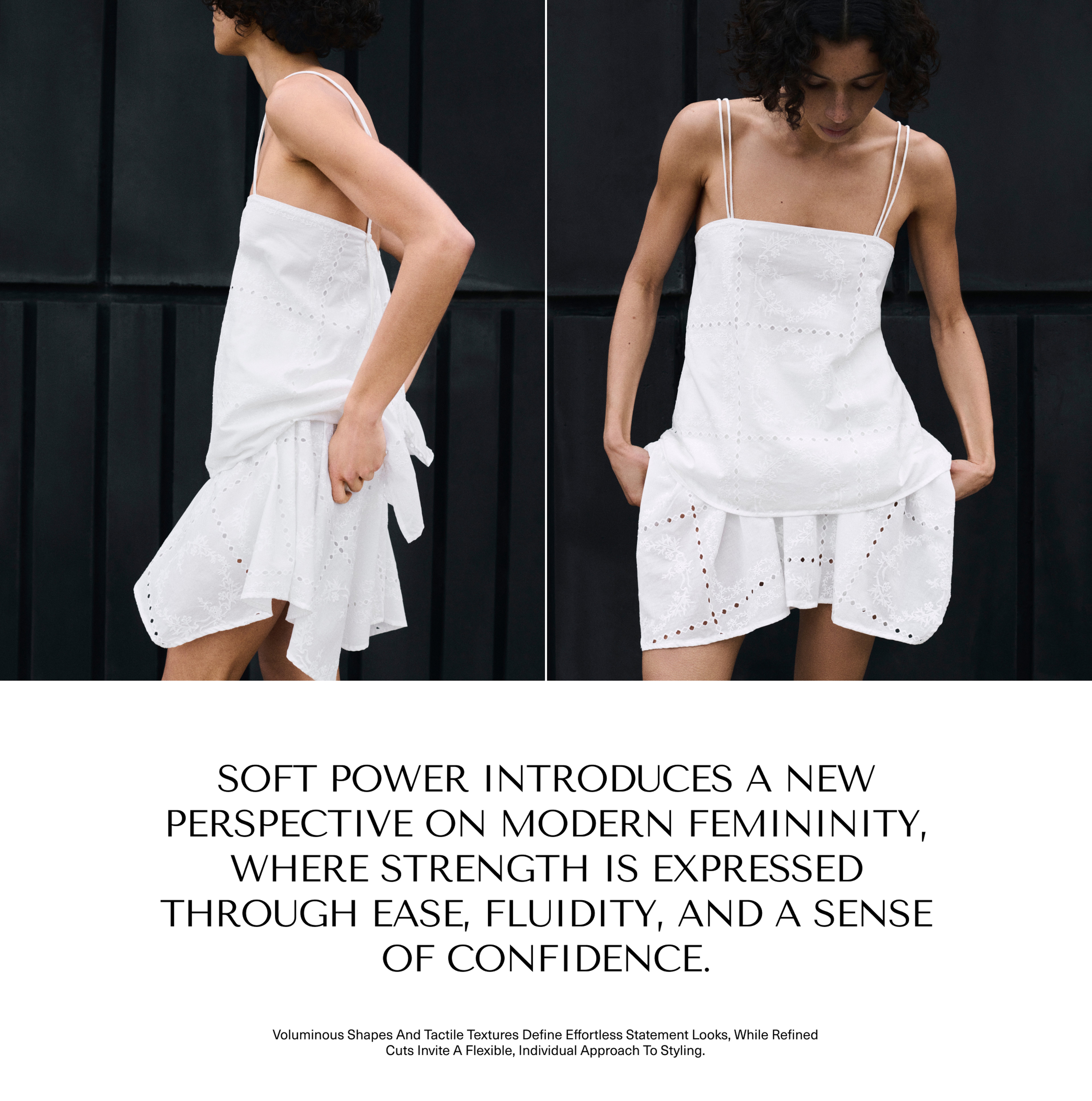 Woman in a white dress poses against a black backdrop, conveying modern femininity through ease and confidence. Text emphasizes soft power.