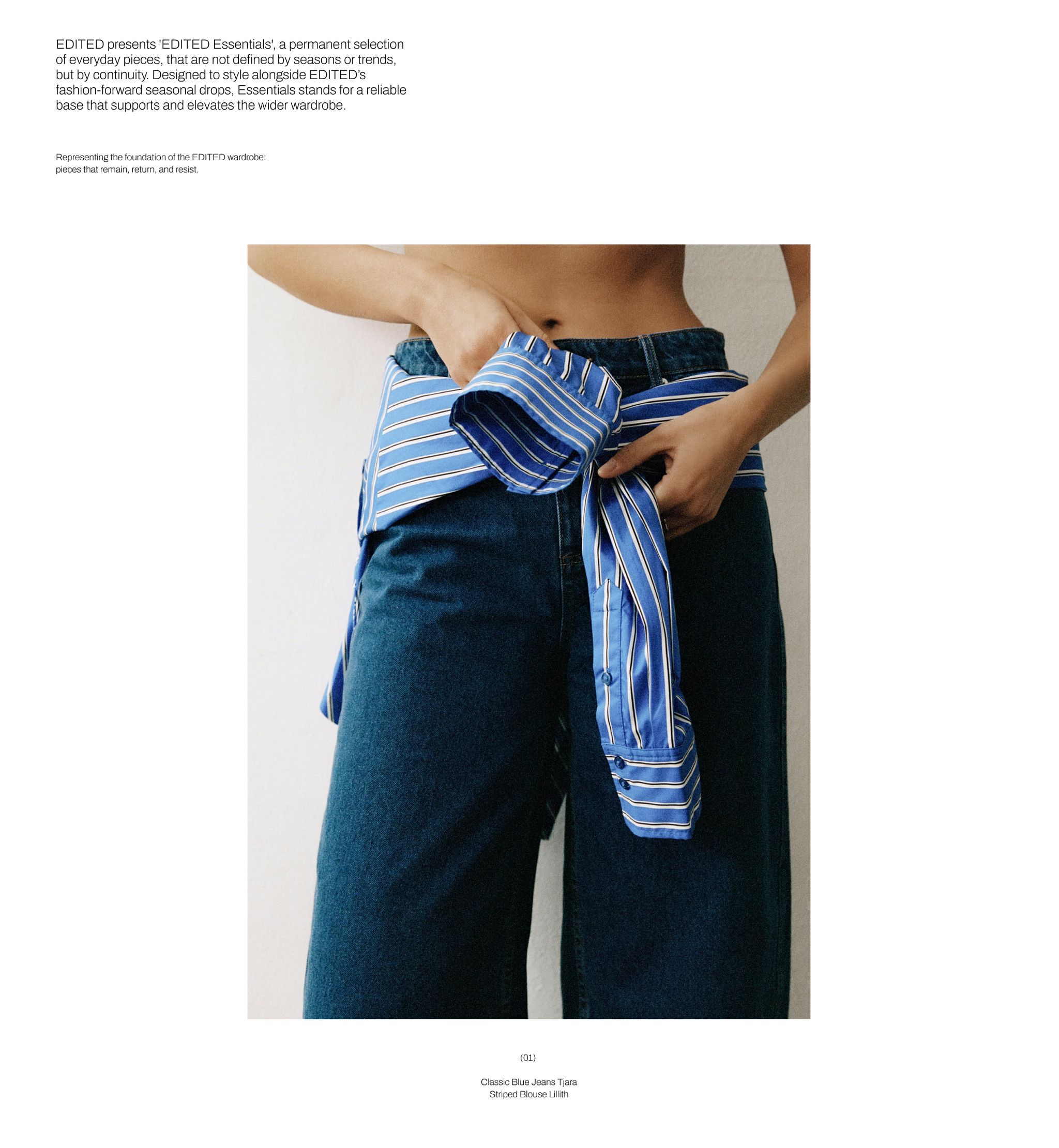 Person wearing blue striped shirt tied around their waist with blue jeans, standing against a plain background.