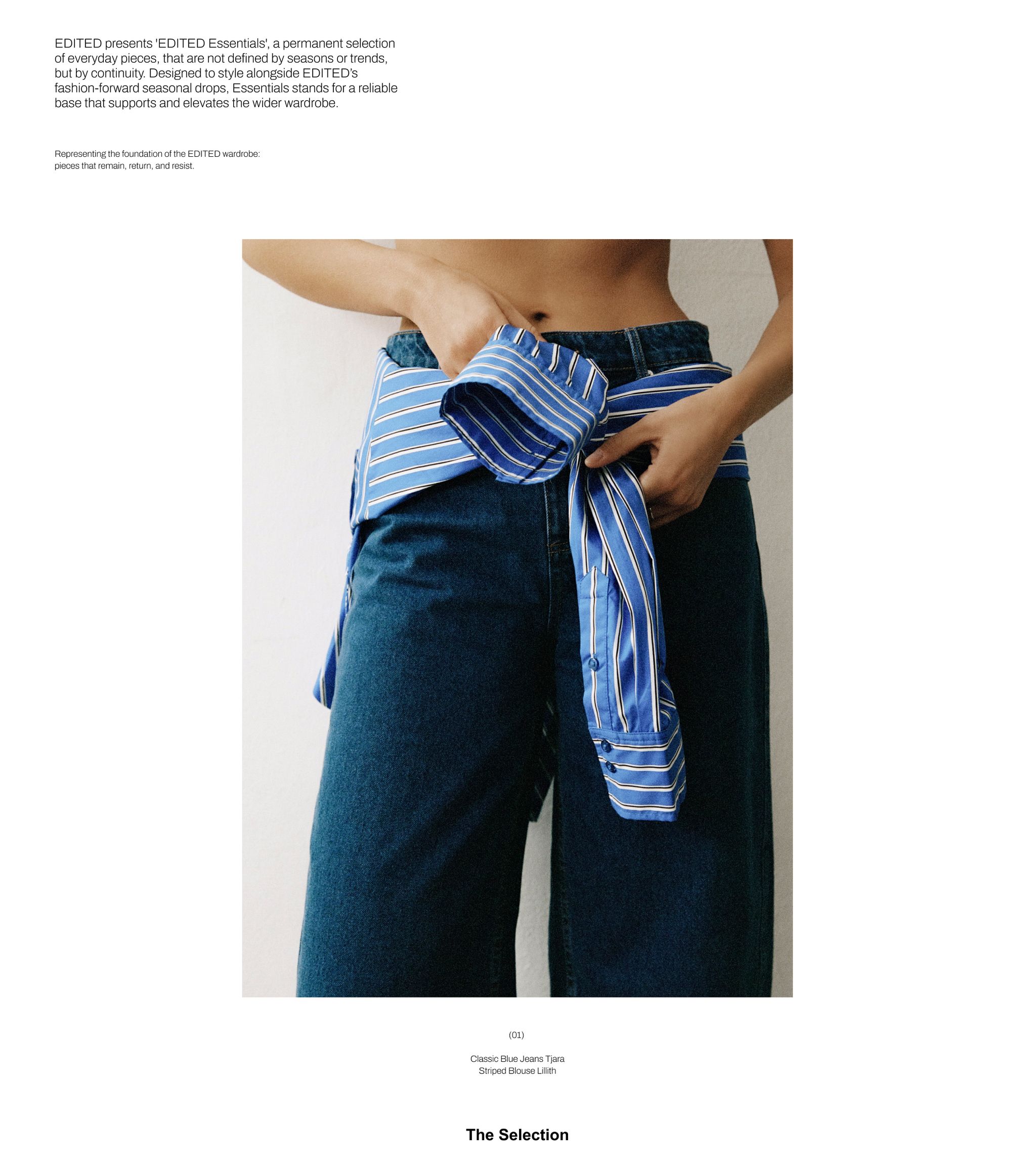 Person wearing blue jeans and a blue striped shirt tied around the waist, set against a plain background.