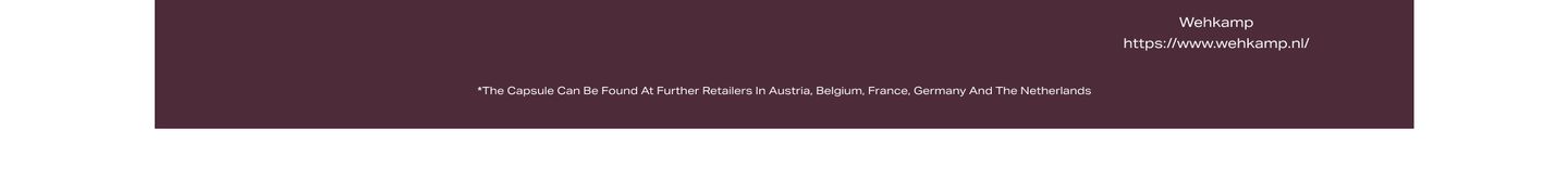 Dark maroon banner with text indicating Wehkamp's website link and a note about retailer availability in Austria, Belgium, France, Germany, and the Netherlands.