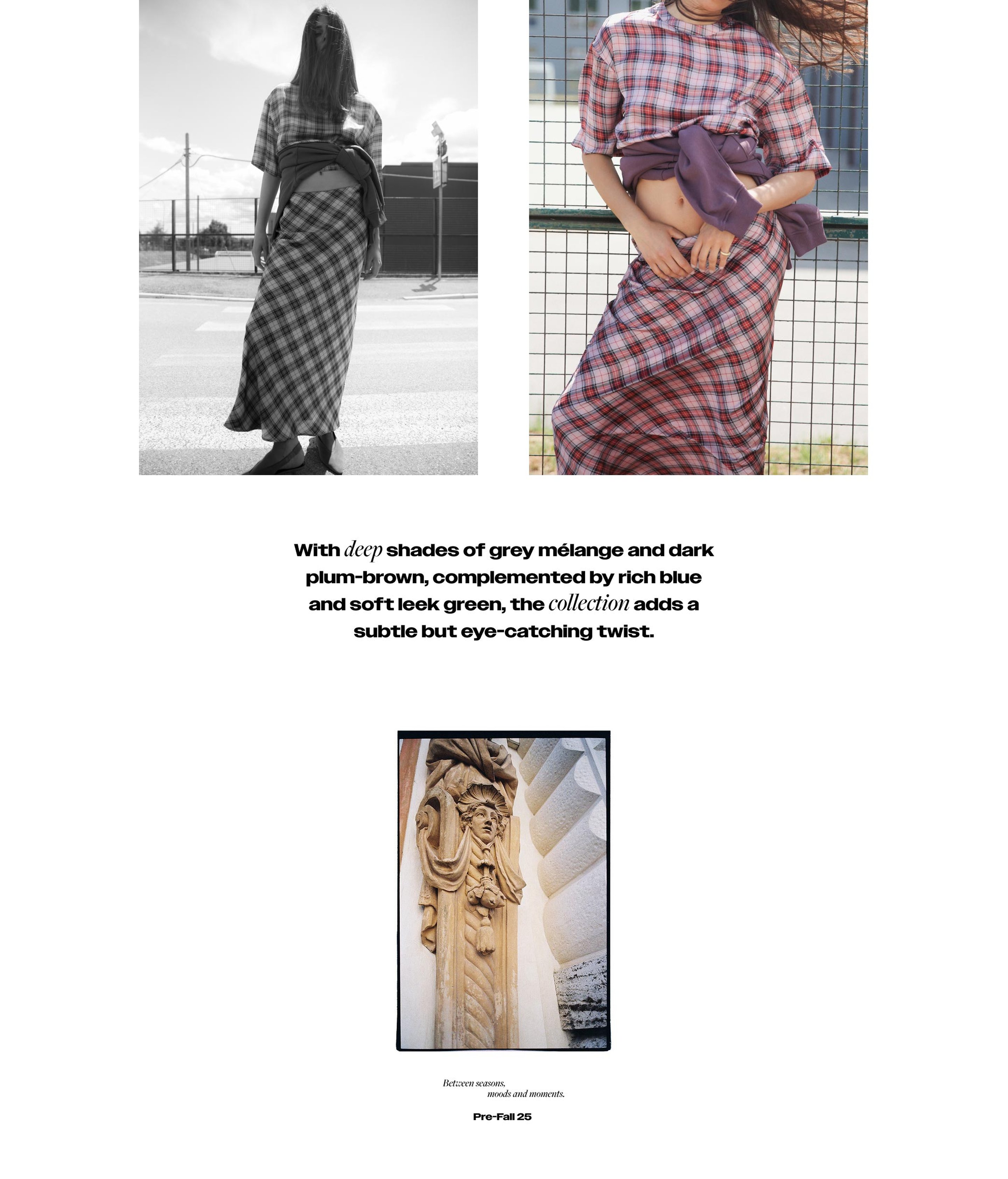 Two models in plaid dresses, one in black and white, the other in color. Below, an image of a classical sculpture and architectural detail.