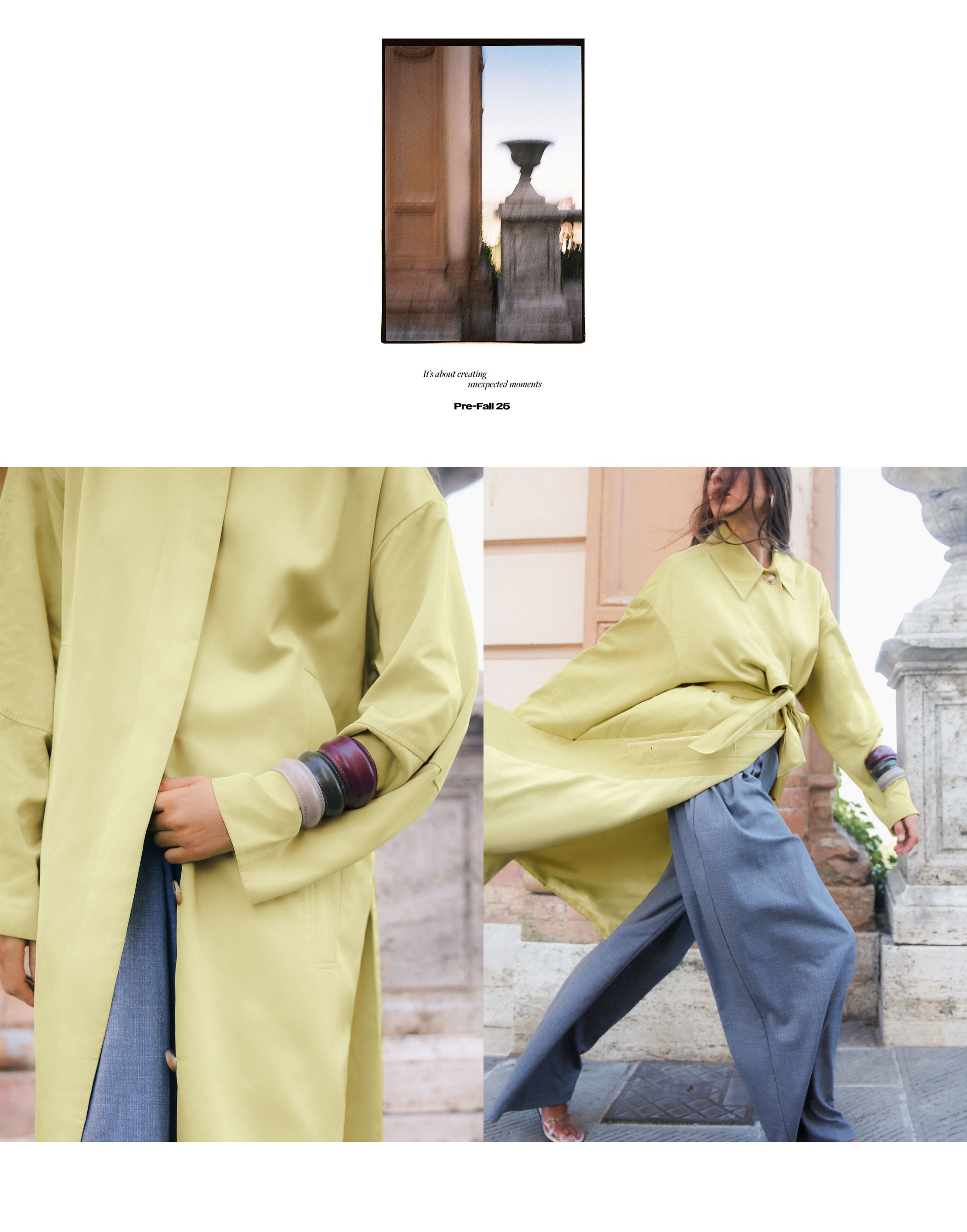 A person in a light green coat and blue pants poses outdoors, with a blurred architectural background and a small inset image above.