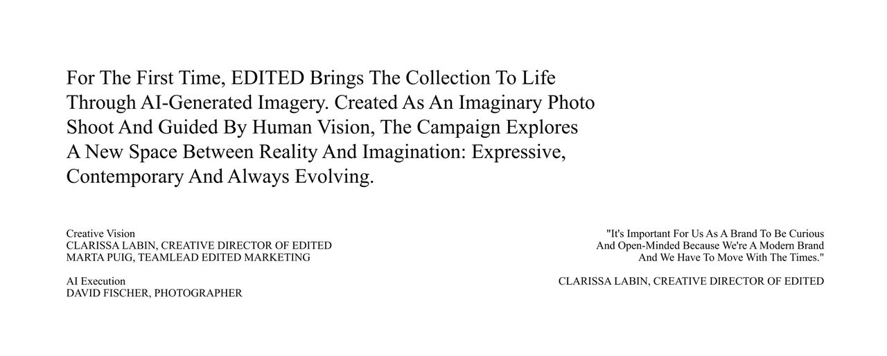Text promoting EDITED's AI-generated imagery collection campaign, exploring a blend of reality and imagination, with quotes from their creative team.