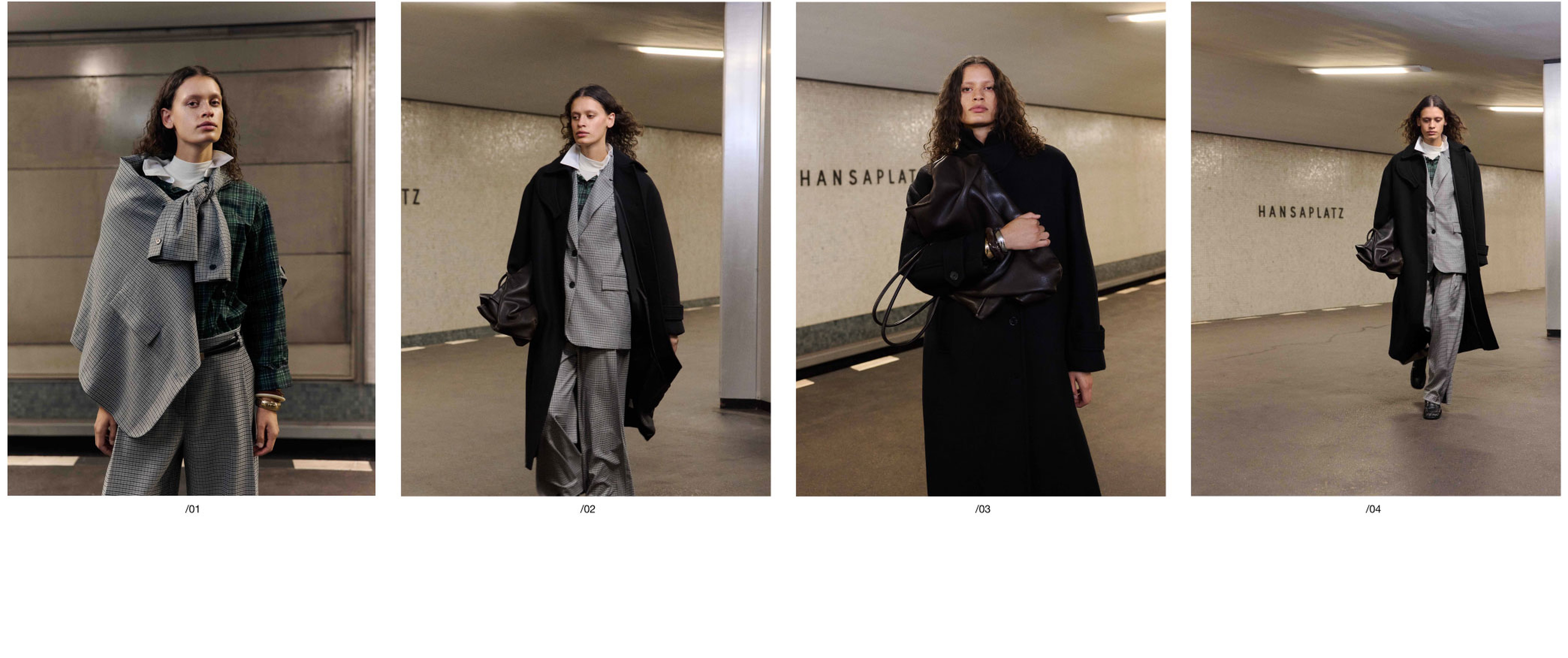 Four images of a person in a subway station, wearing stylish outfits with coats and scarves, standing near walls labeled "HANSAPLATZ."