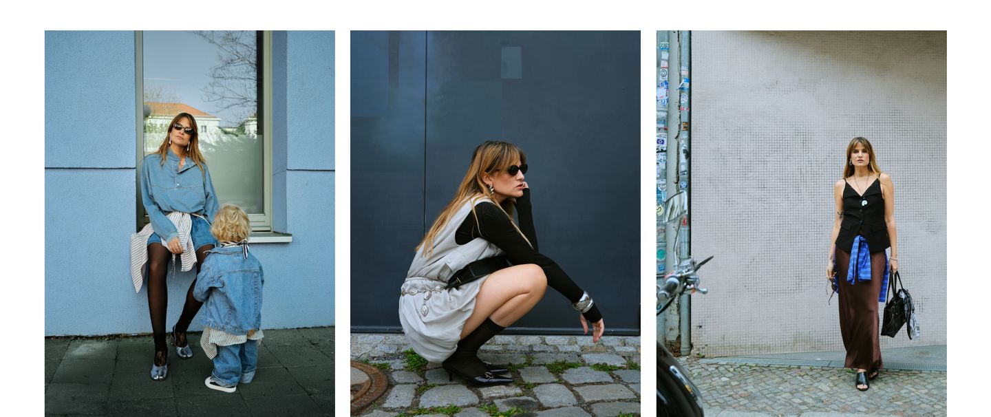 Three street-style fashion shots: a woman with a child in denim, crouching in monochrome, and standing with layered urban attire, all wearing sunglasses.
