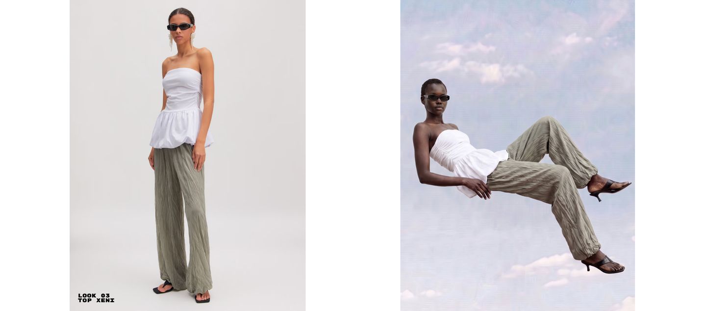 Two models in strapless white tops and flowing olive pants. One stands confidently, the other appears to float against a sky backdrop.