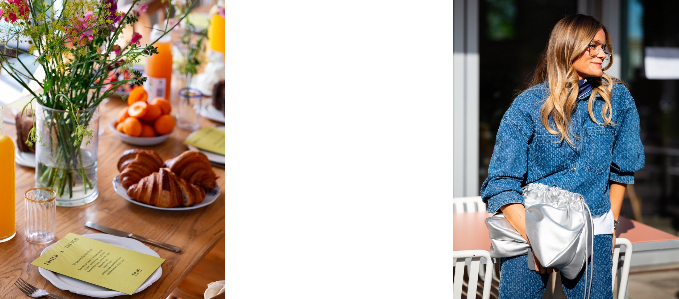 Left: A table with flowers, croissants, fruit, and menus. Right: A person in a blue outfit with glasses and a silver bag, standing outdoors.