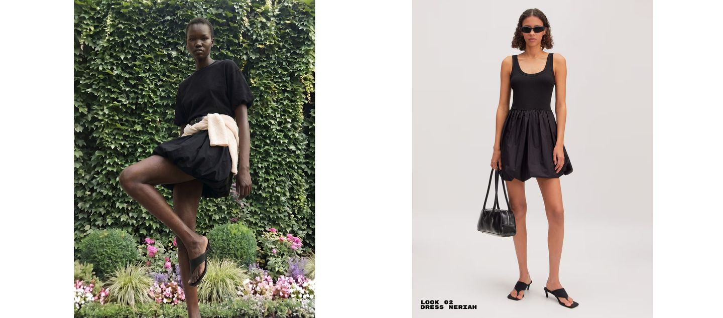 Two models wearing black dresses, one outdoors with a sweater tied around the waist, the other indoors with sunglasses and a handbag.
