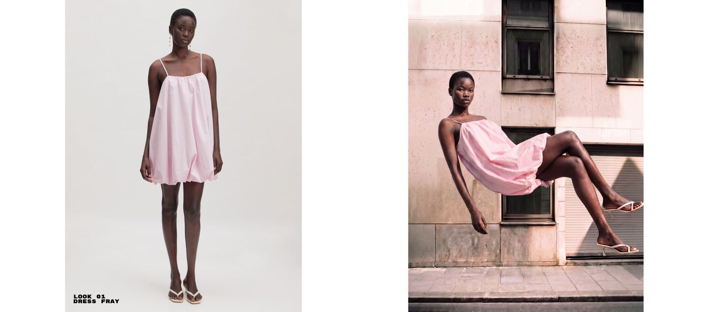 Model in a pink flowing dress and sandals; standing indoors (left) and floating outside against a building backdrop (right).