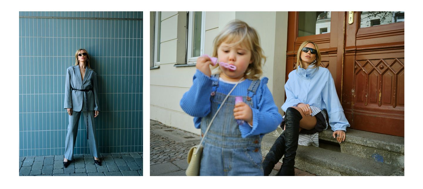 Left: A woman in a gray suit and sunglasses stands against a blue tiled wall. Right: A child blows bubbles while a woman sits on steps nearby.