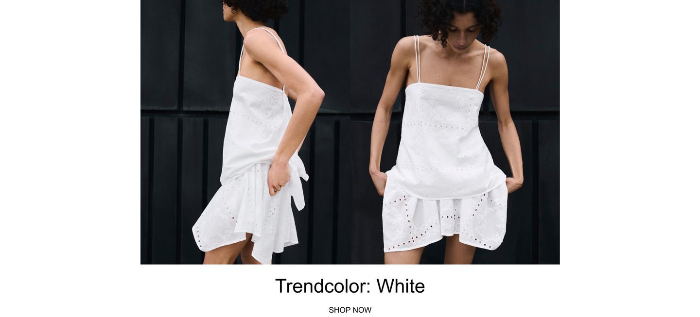 Model wearing a white sleeveless dress with eyelet details, posing against a dark textured background. Text reads "Trendcolor: White. SHOP NOW".