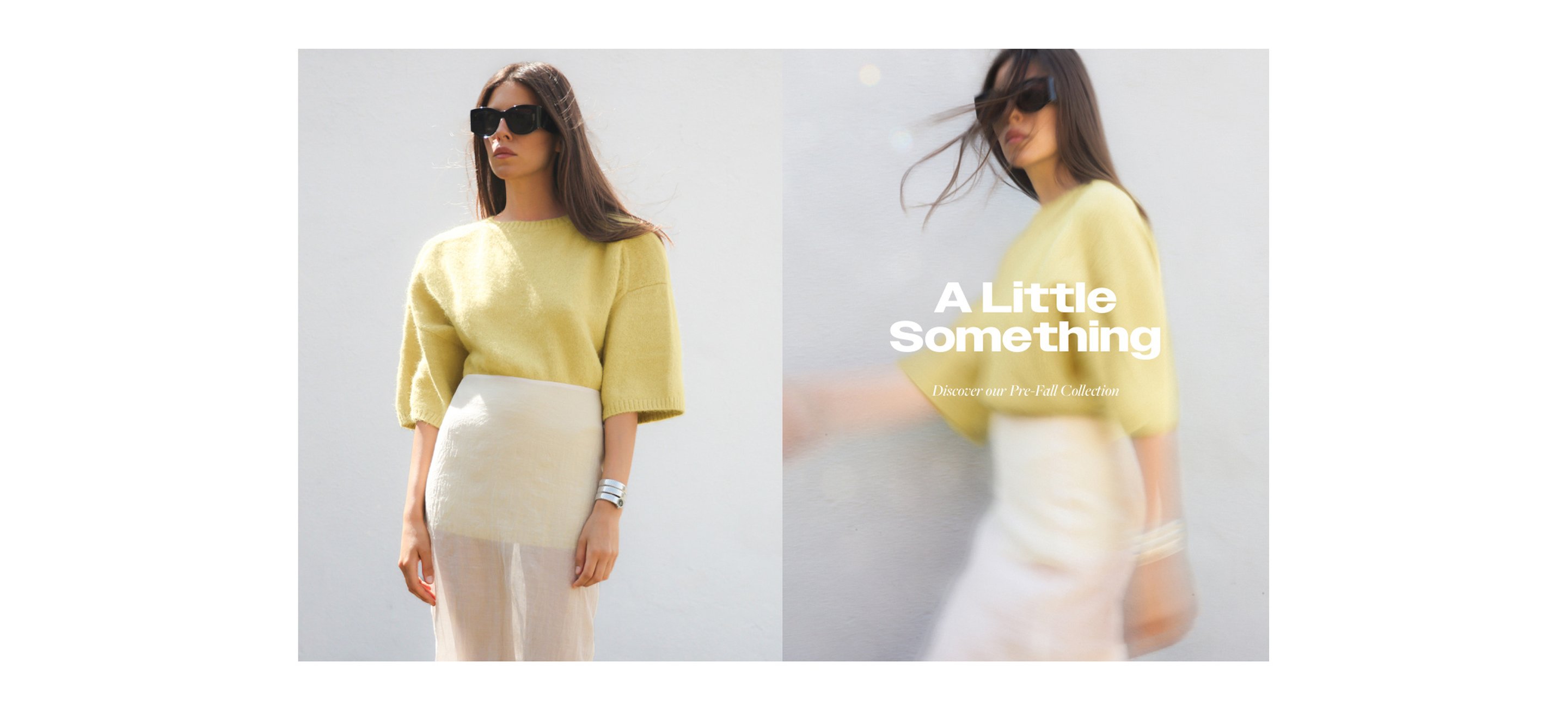Woman in a yellow sweater and light skirt, wearing sunglasses, stands against a white wall. Text reads "A Little Something" and "Discover the Fall Collection."