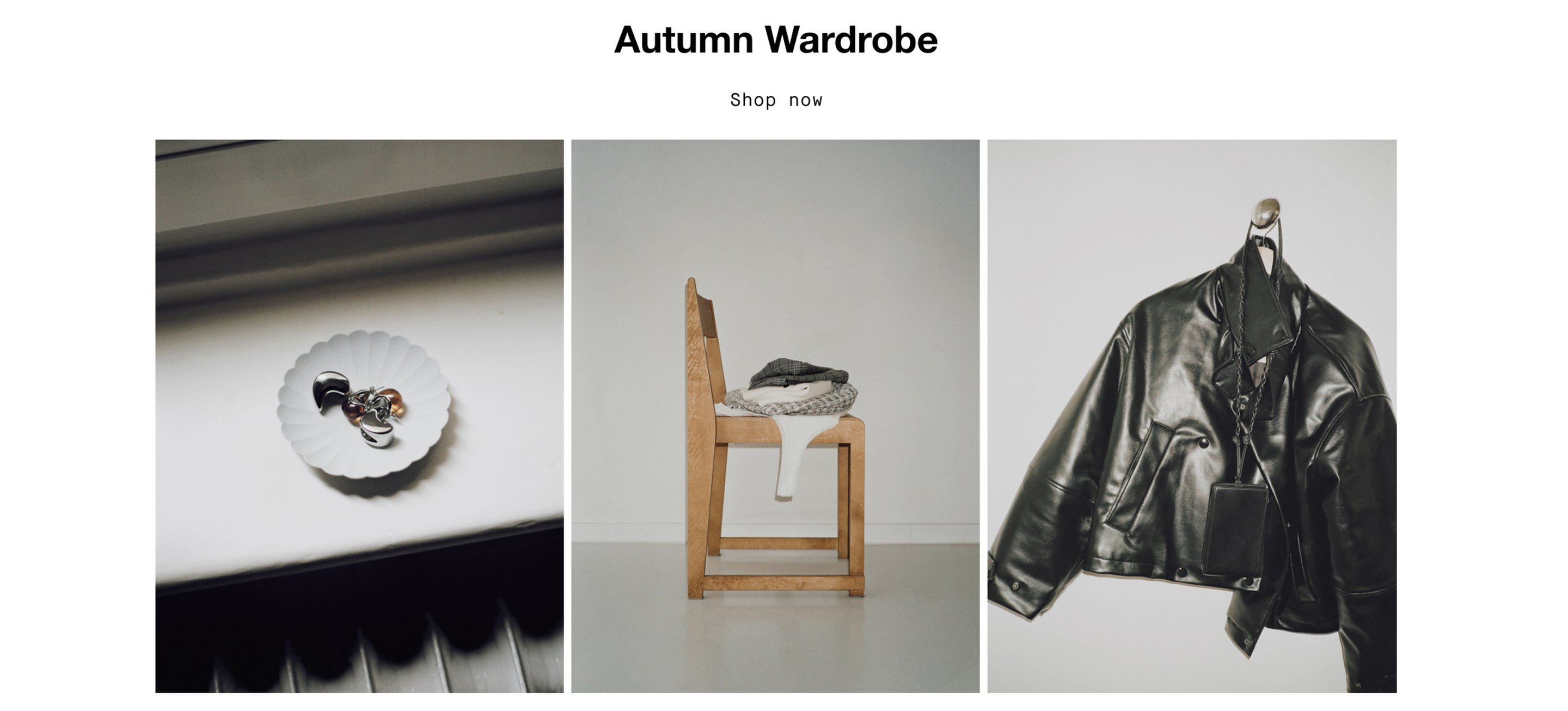 Triptych of autumn fashion: a dish with jewelry, a wooden chair with folded clothes, and a black leather jacket on a hook.