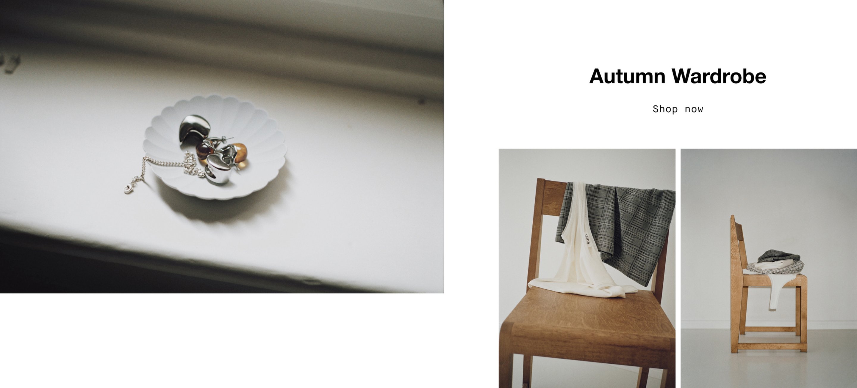 A scallop dish with jewelry, and two wooden chairs draped with autumn clothing. Text reads "Autumn Wardrobe, Shop now."