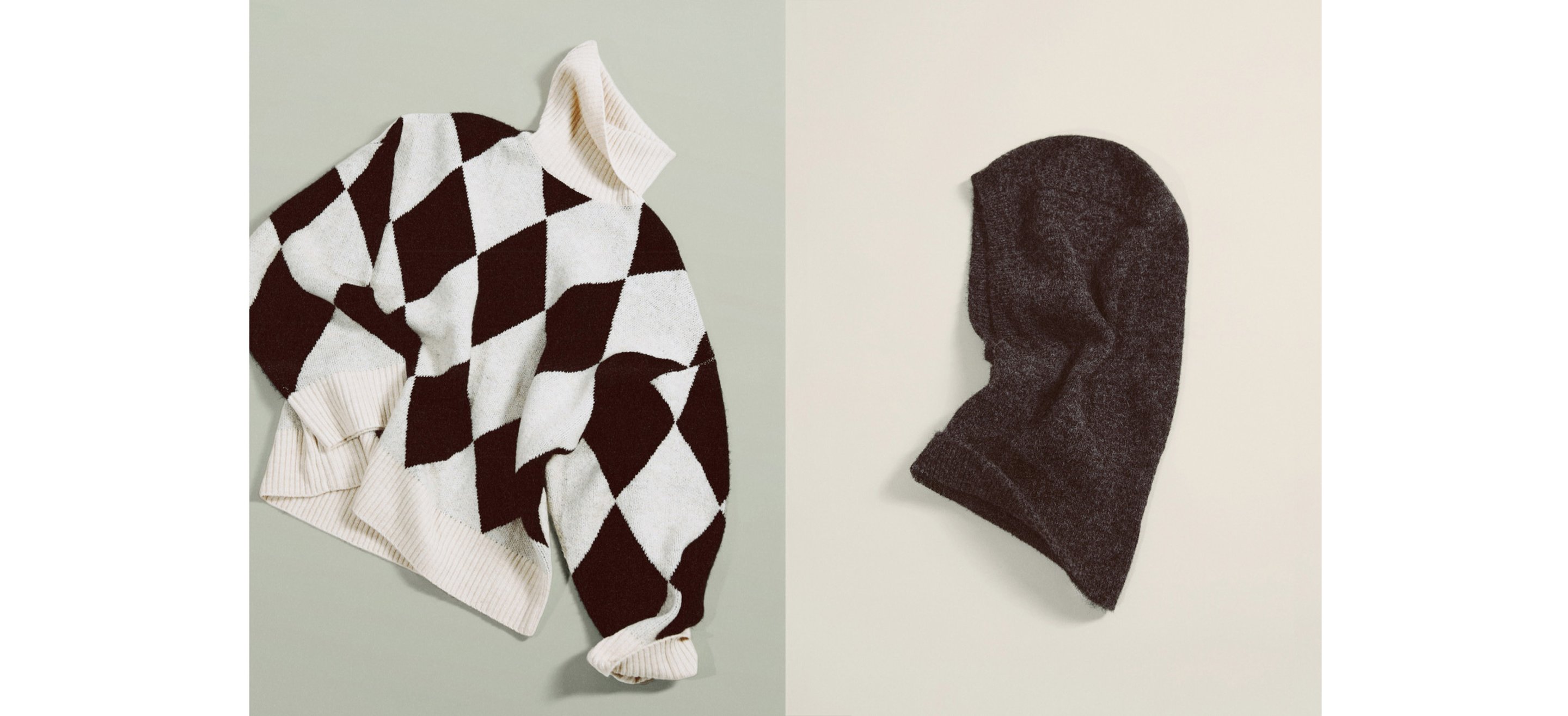 Black and white diamond-patterned sweater next to a dark gray balaclava on a light background.