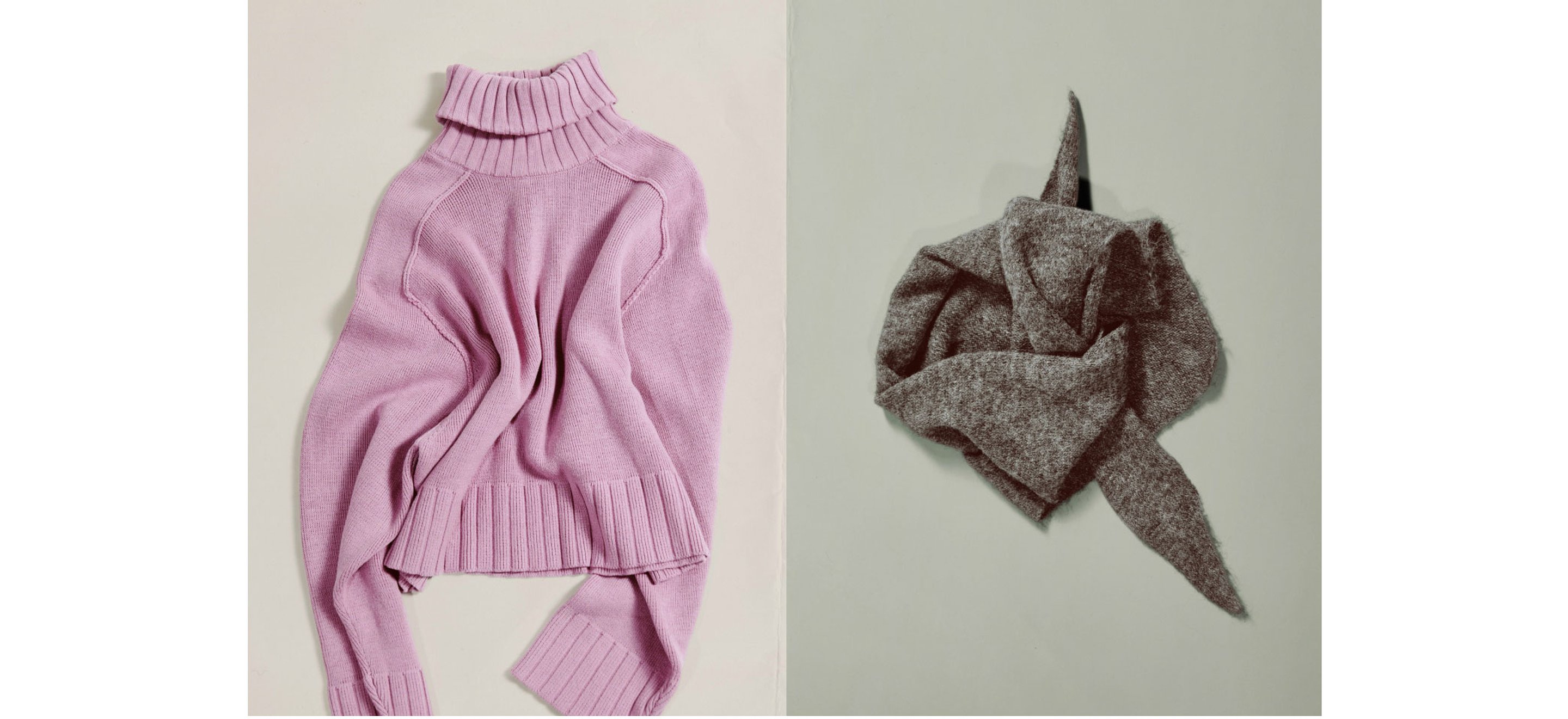 Pink turtleneck sweater on left, gray textured scarf arranged in a swirl on right, both on a light background.