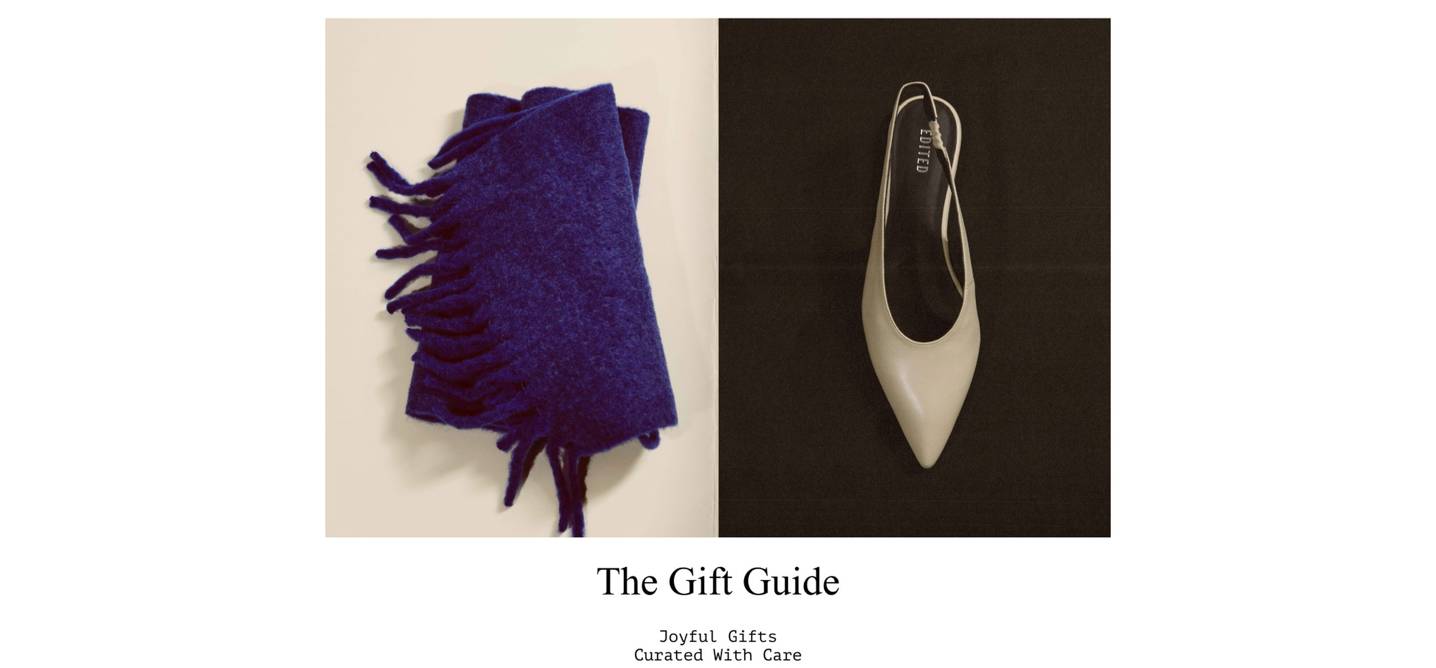 A blue fringed scarf and a white pointed-toe shoe on a split background, with text "The Gift Guide" below.