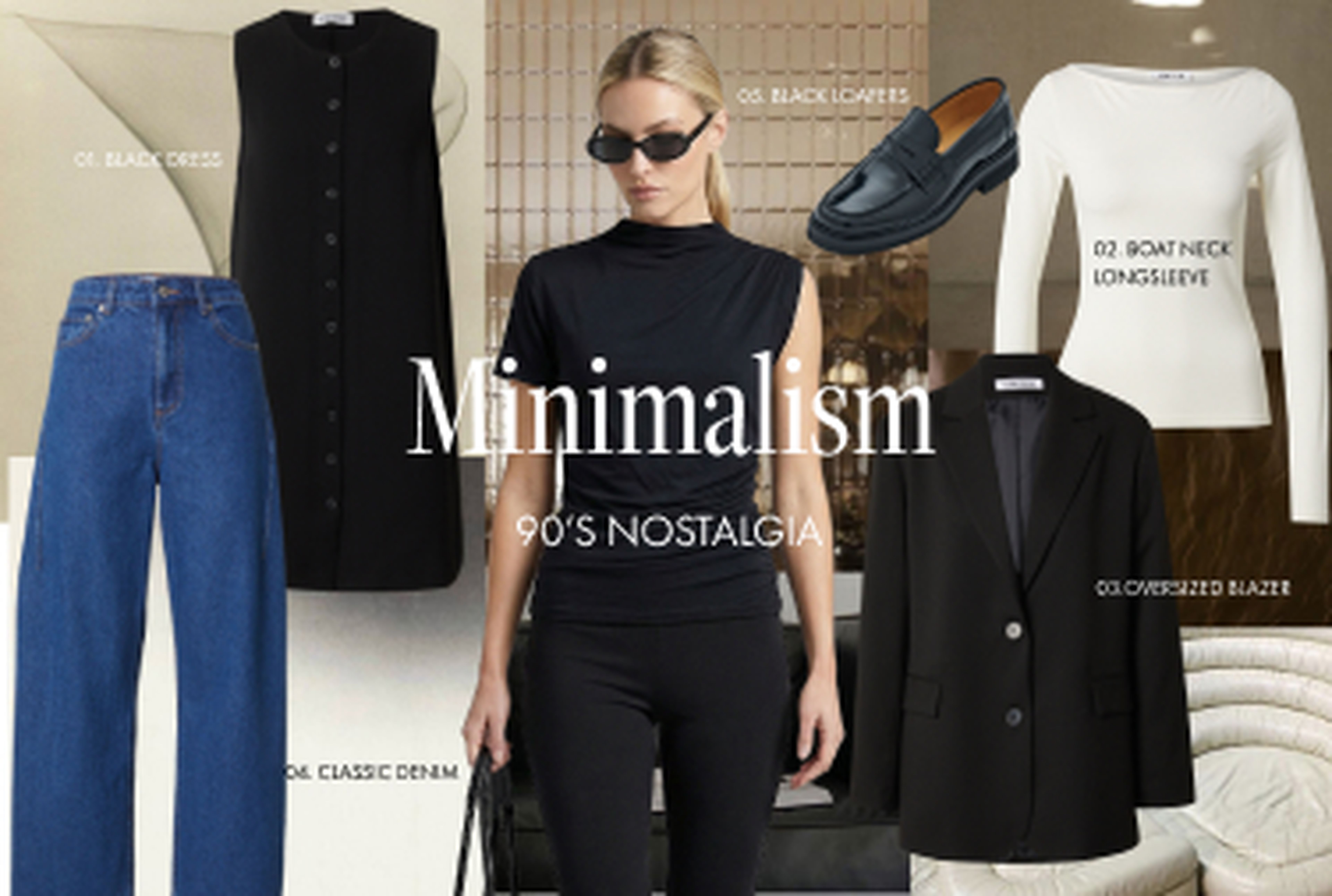 Collage featuring 90s minimalist fashion: black dress, loafers, jeans, longsleeve, oversized blazer. Central figure in black outfit and sunglasses.