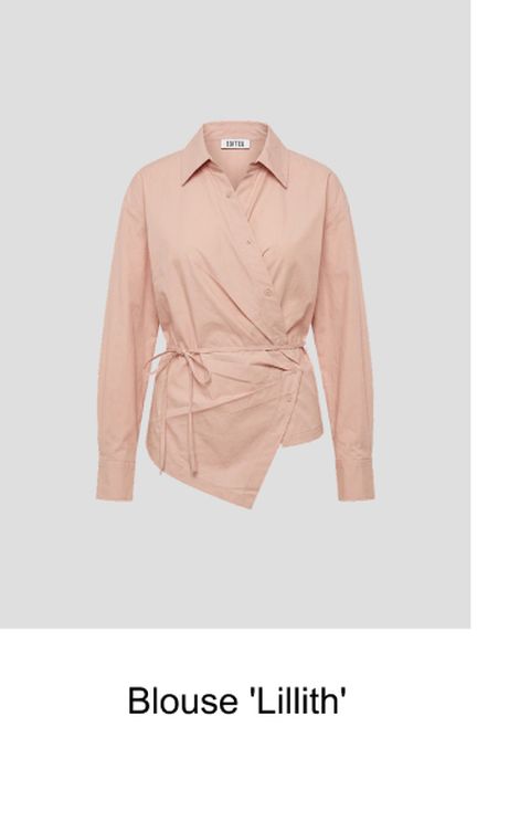 A beige long-sleeve wrap blouse with a collar and asymmetrical hem, featuring a tied belt at the waist. Labeled "Blouse 'Lillith'".