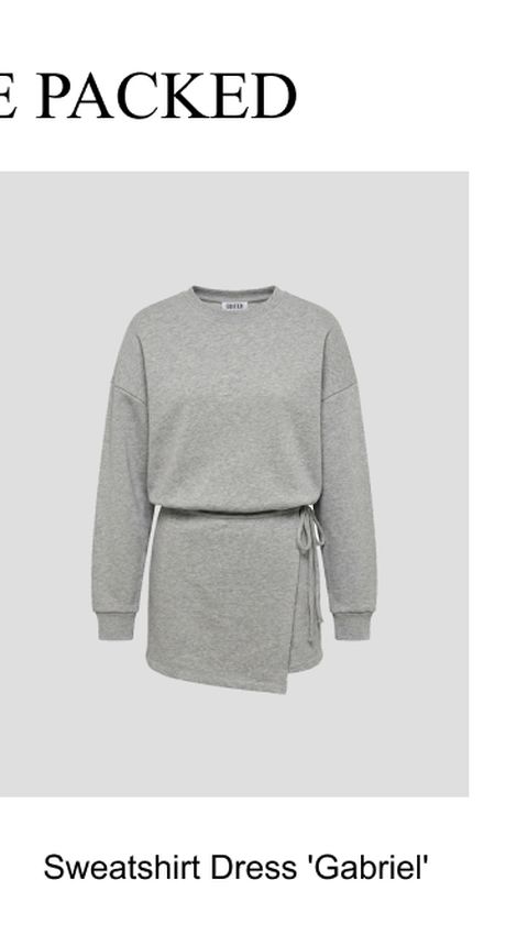Gray sweatshirt dress with a crew neck, long sleeves, and a side tie, named 'Gabriel,' displayed against a gray background.