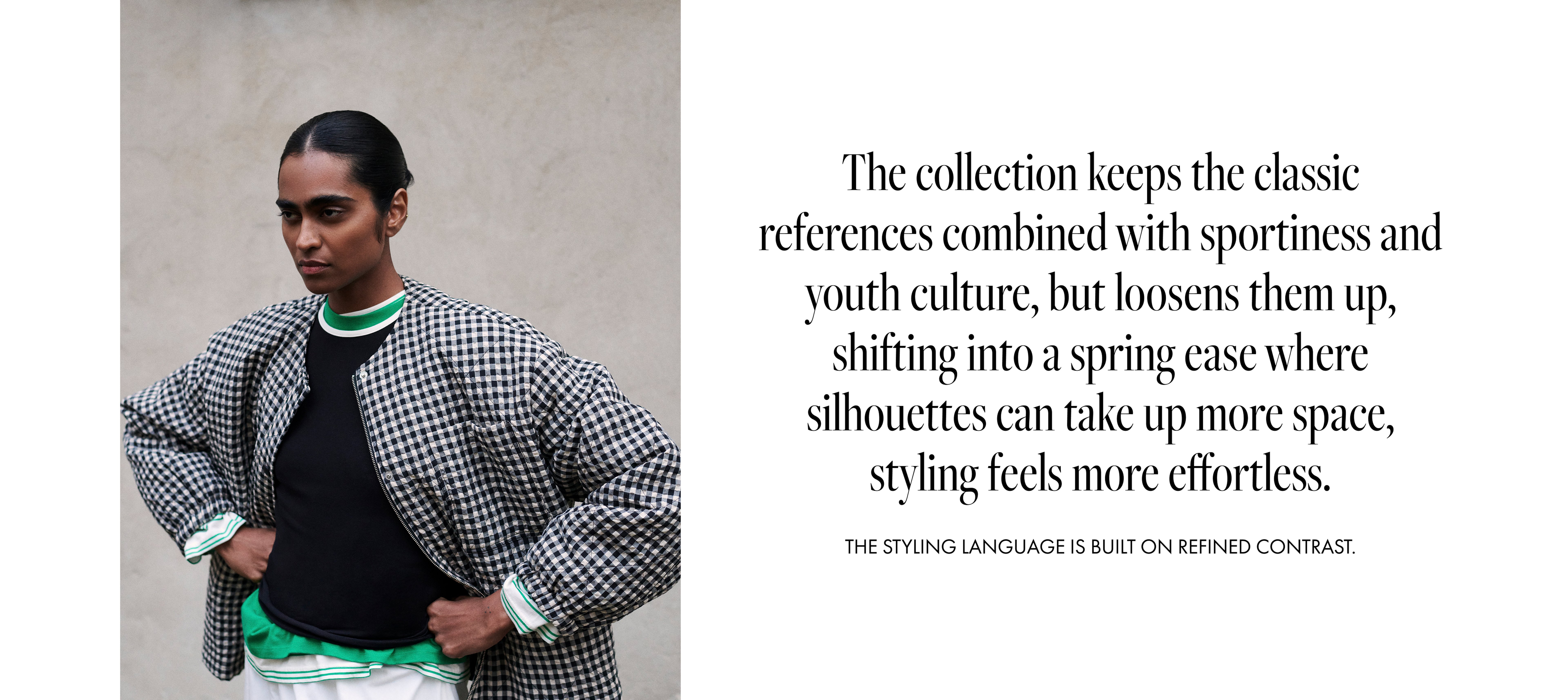Person in a houndstooth jacket leans against a wall. Text discusses fashion blending classic style with sportiness and youth culture.