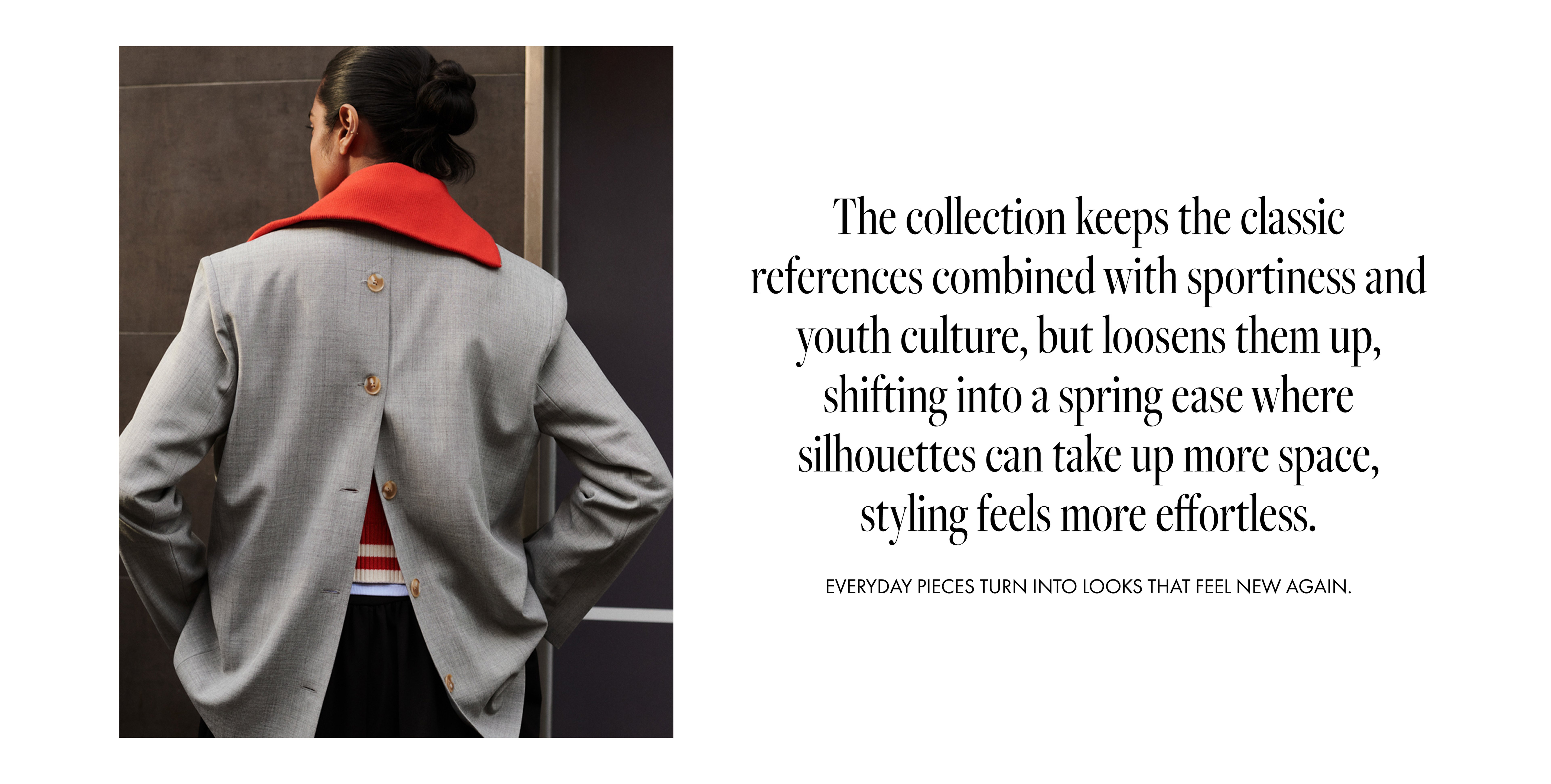 A person in a gray jacket with a red collar stands with their back to the camera. Text about a fashion collection is on the right.