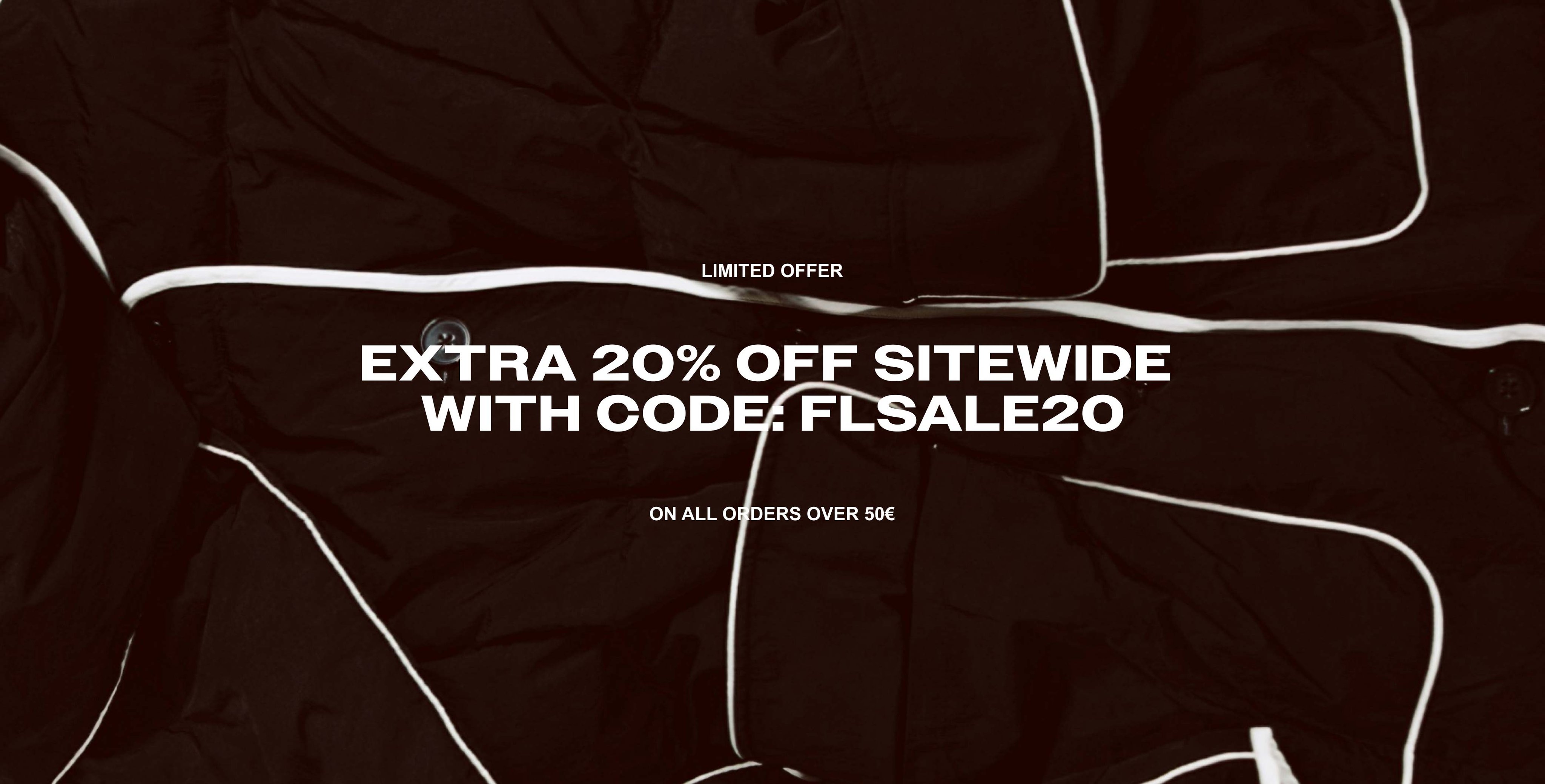Dark background with white text promoting an "Extra 20% Off Sitewide" using code "FLSALE20" on orders over 50€.