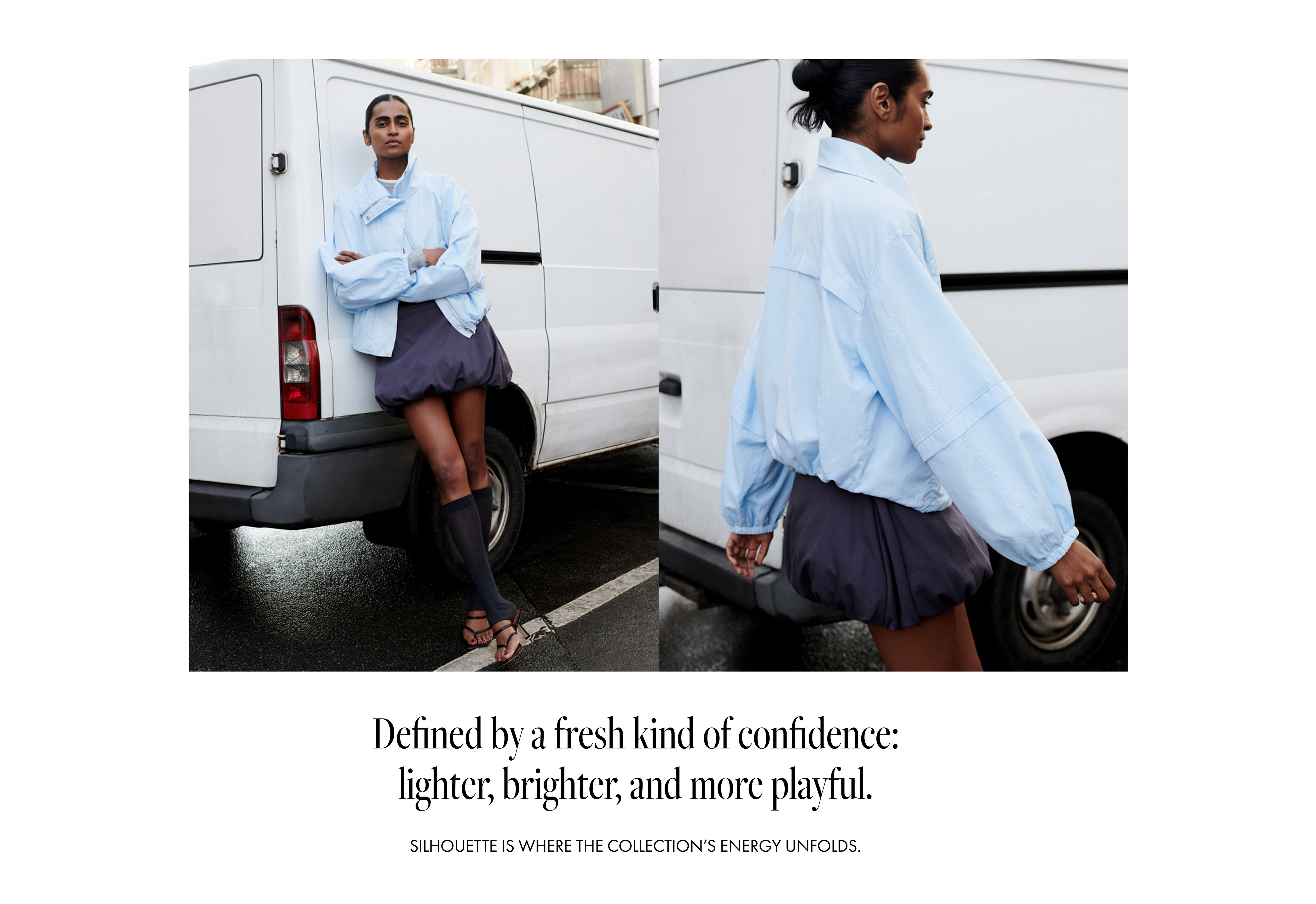 A person in a blue shirt and dark shorts stands by a white van. Text reads: "Defined by a fresh kind of confidence: lighter, brighter, and more playful."