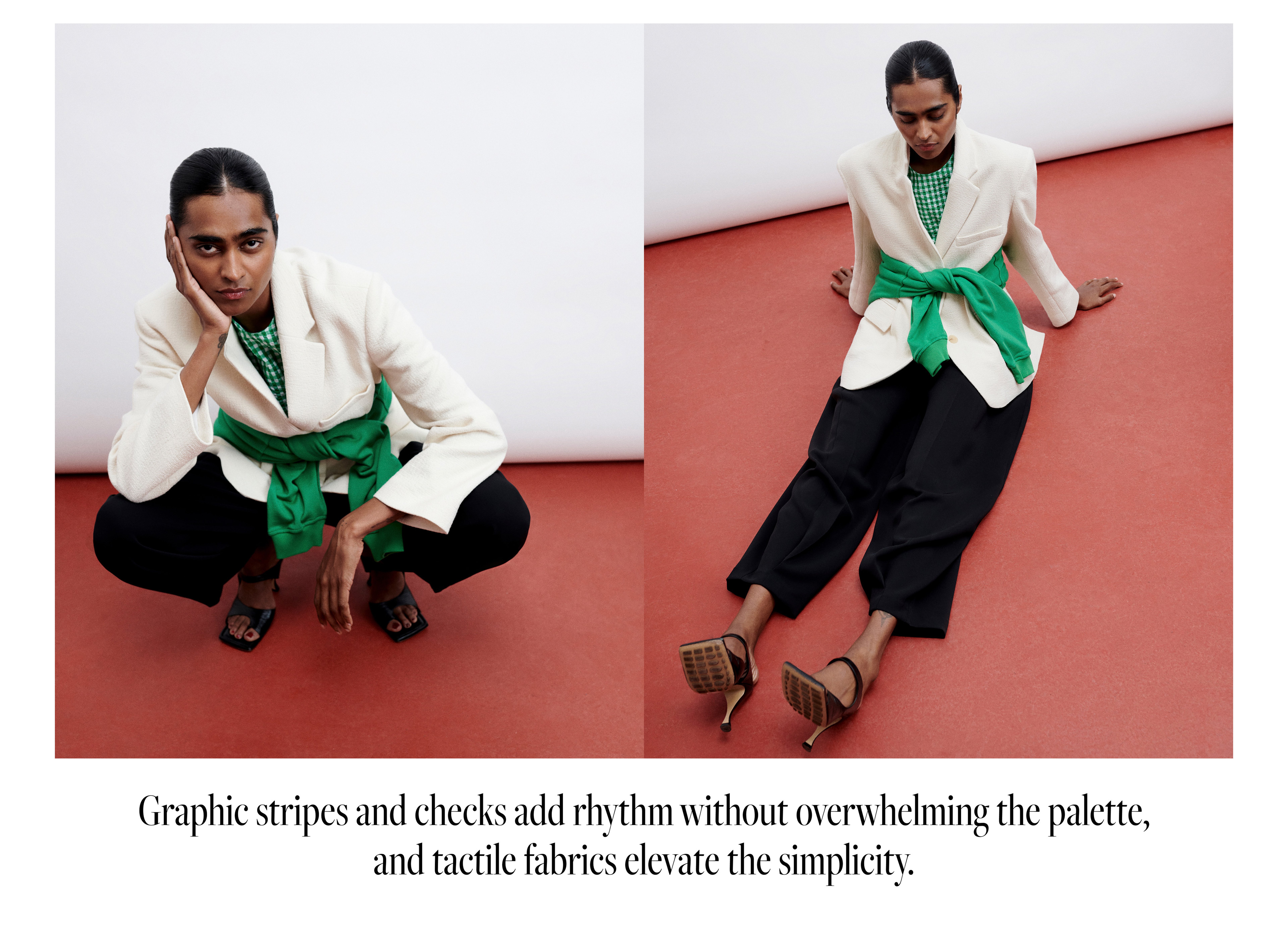 A person poses on a red floor, wearing a white blazer, green checkered shirt, black pants, and green bow. Text below on style and fabric.