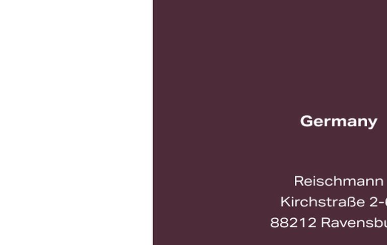 Dark red background with white text: "Germany" and address "Reischmann, Kirchstraße 2-4, 88212 Ravensburg."