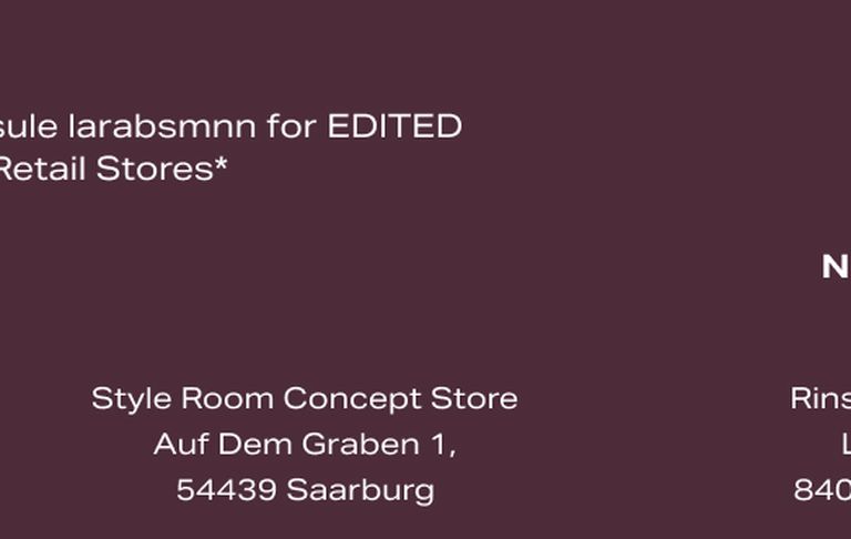 Text on a dark maroon background with addresses for Style Room Concept Store in Saarburg and a location in Los Angeles.