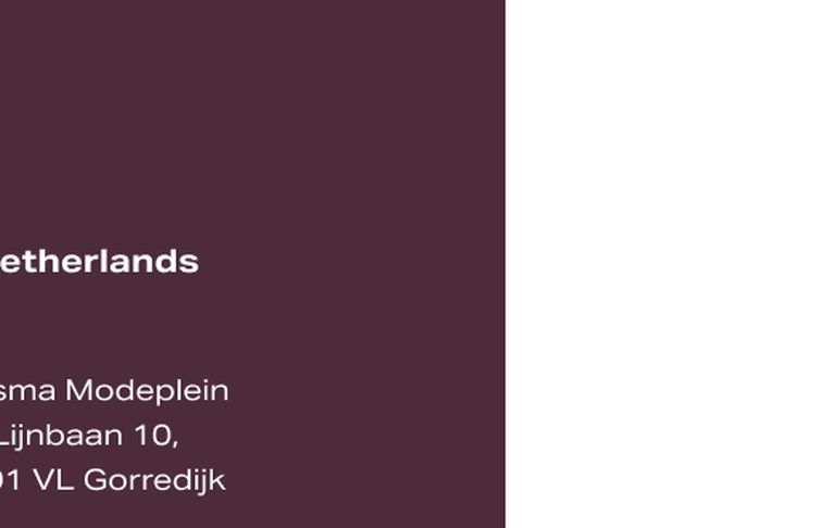Partial view of a poster with a maroon background, displaying text including "Netherlands" and an address on Lijnbaan 10, 8401 VL Gorredijk.