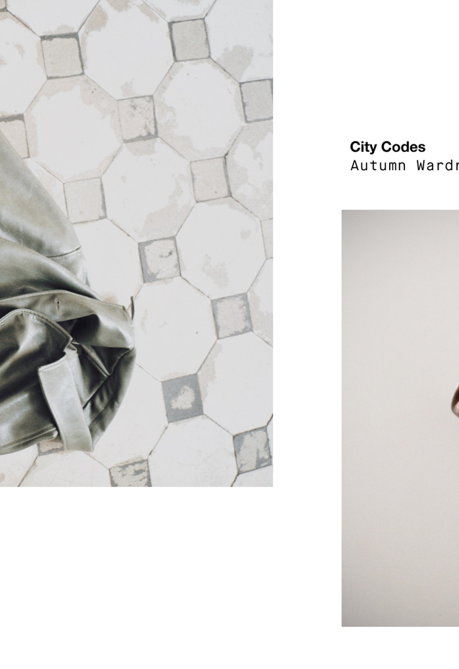 Olive green jacket on a tiled floor, with text "City Codes: Autumn Wardrobe" on a minimal white background.