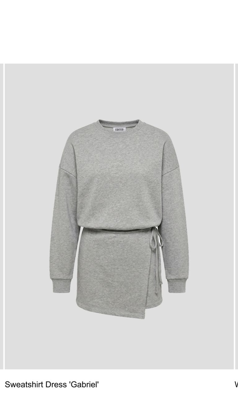 Gray sweatshirt dress with long sleeves and a tied waist, featuring ribbed cuffs and a round neckline.