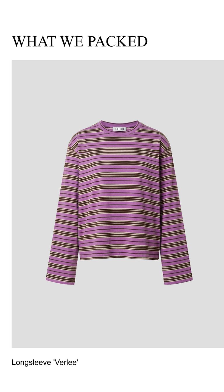 A long-sleeve shirt with horizontal purple, brown, and beige stripes displayed against a light gray background.