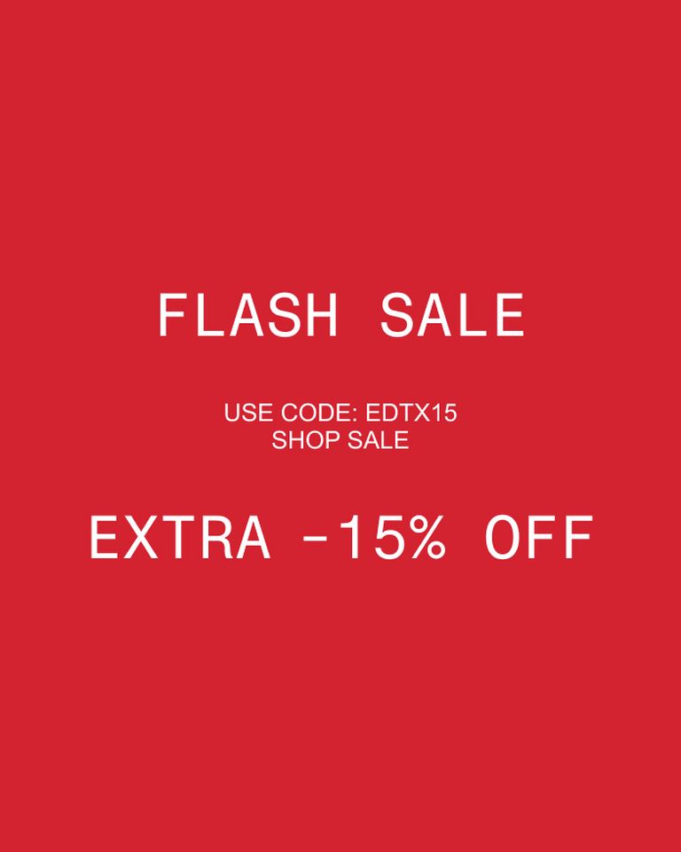 Red background with white text: "Flash Sale. Use code: EDTX15. Shop Sale. Extra -15% Off."