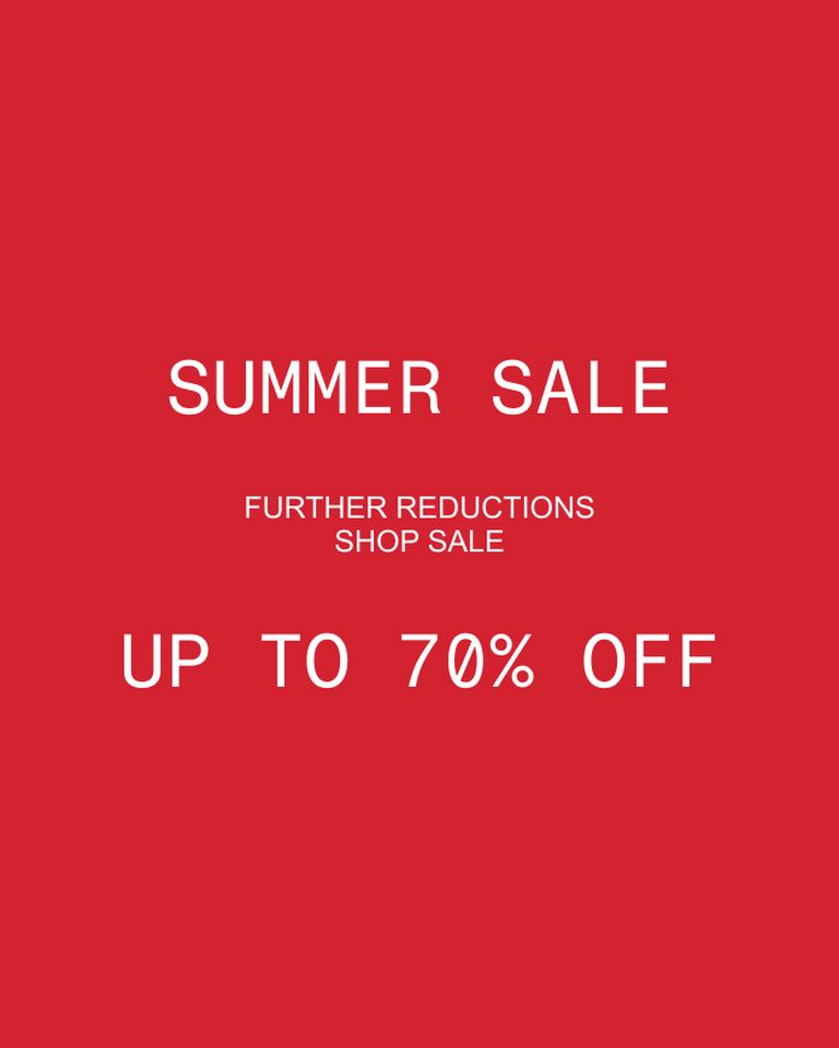 Red background with white text reading "Summer Sale, Further Reductions, Shop Sale, Up to 70% Off."
