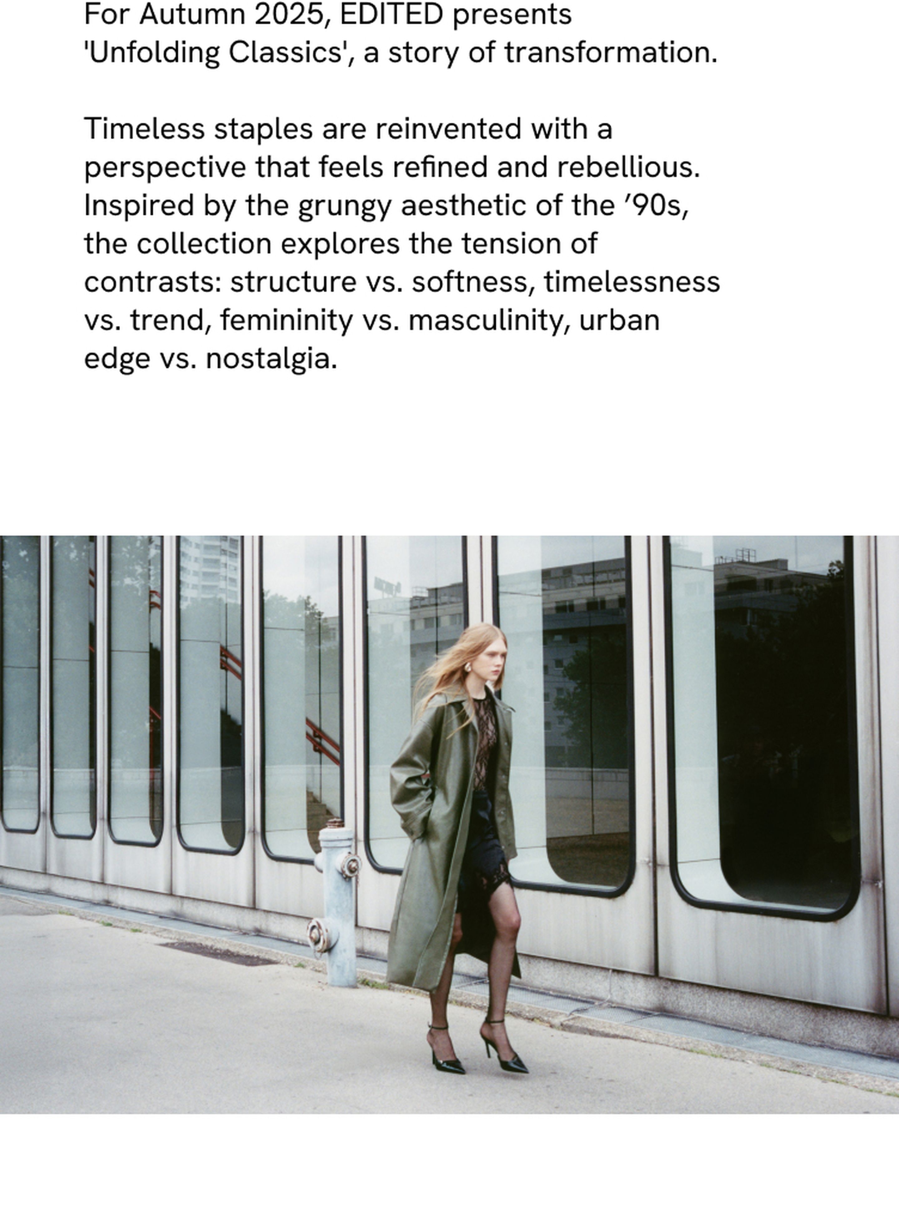 A woman in a green coat walks confidently by a modern building with large windows. The text discusses a fashion collection for Autumn 2025.