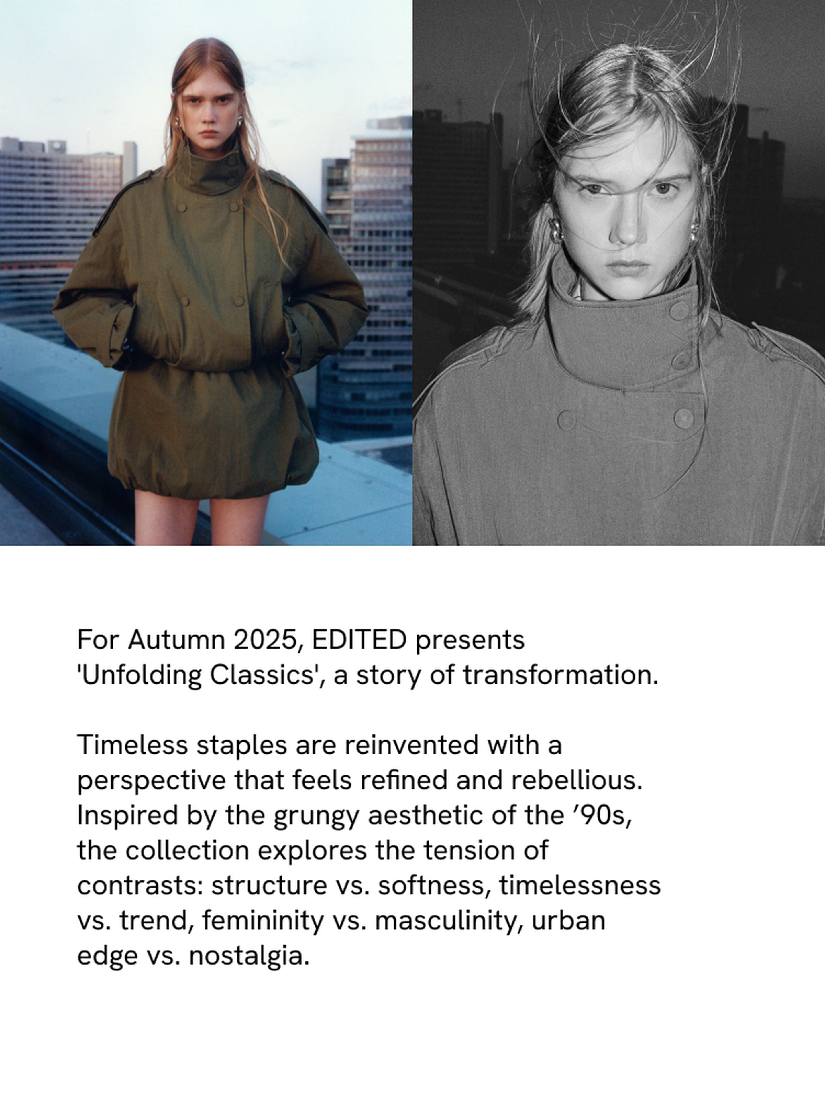 Model in a green jacket with a high collar, standing outdoors. Text describes a fashion collection inspired by '90s grunge aesthetics.